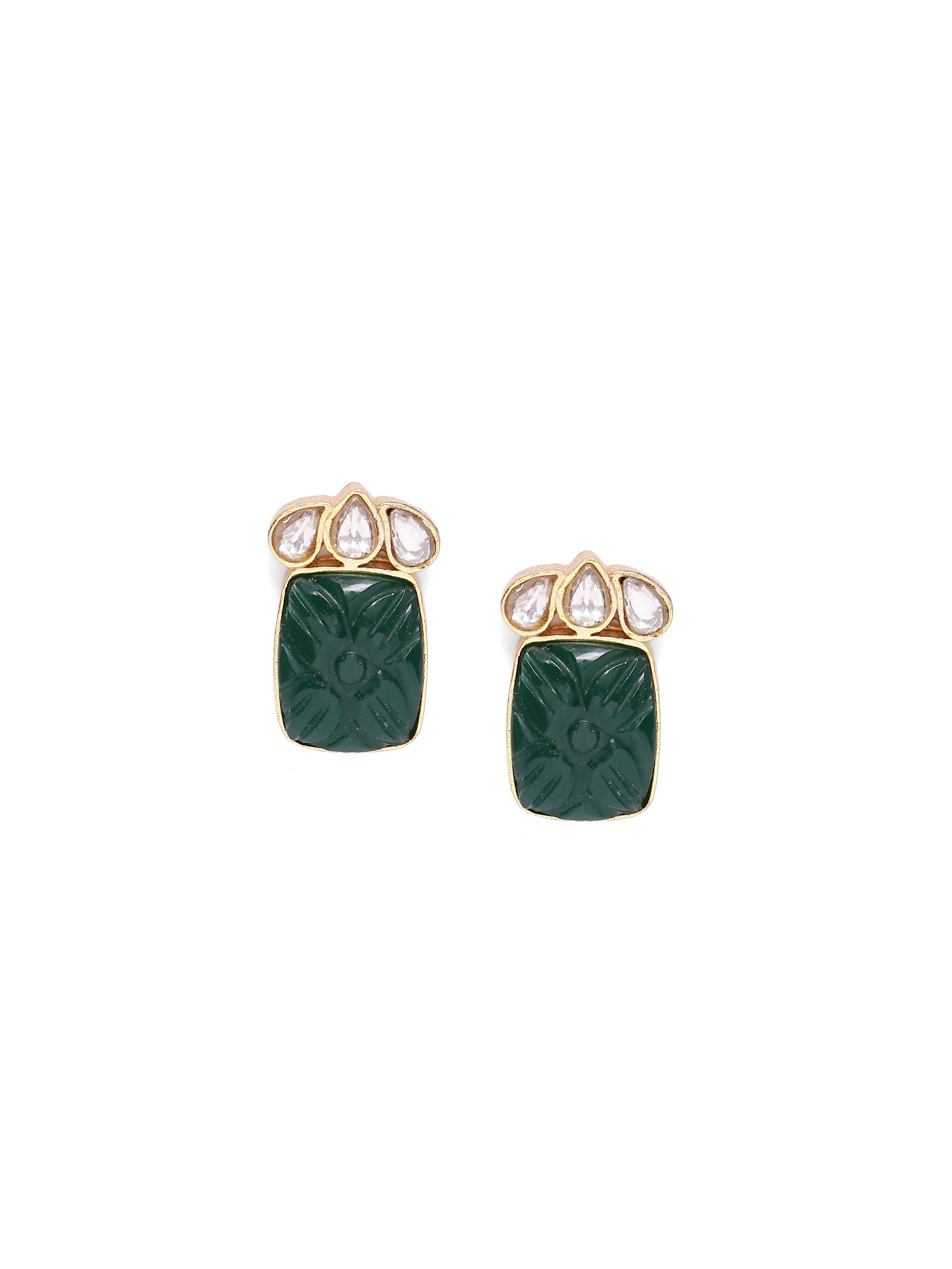 Himani earrings in 92.5 Sterling Silver handcrafted and dipped in 1 micron Gold plating with Jadau-Polki traditionally carved in green Onyx.
