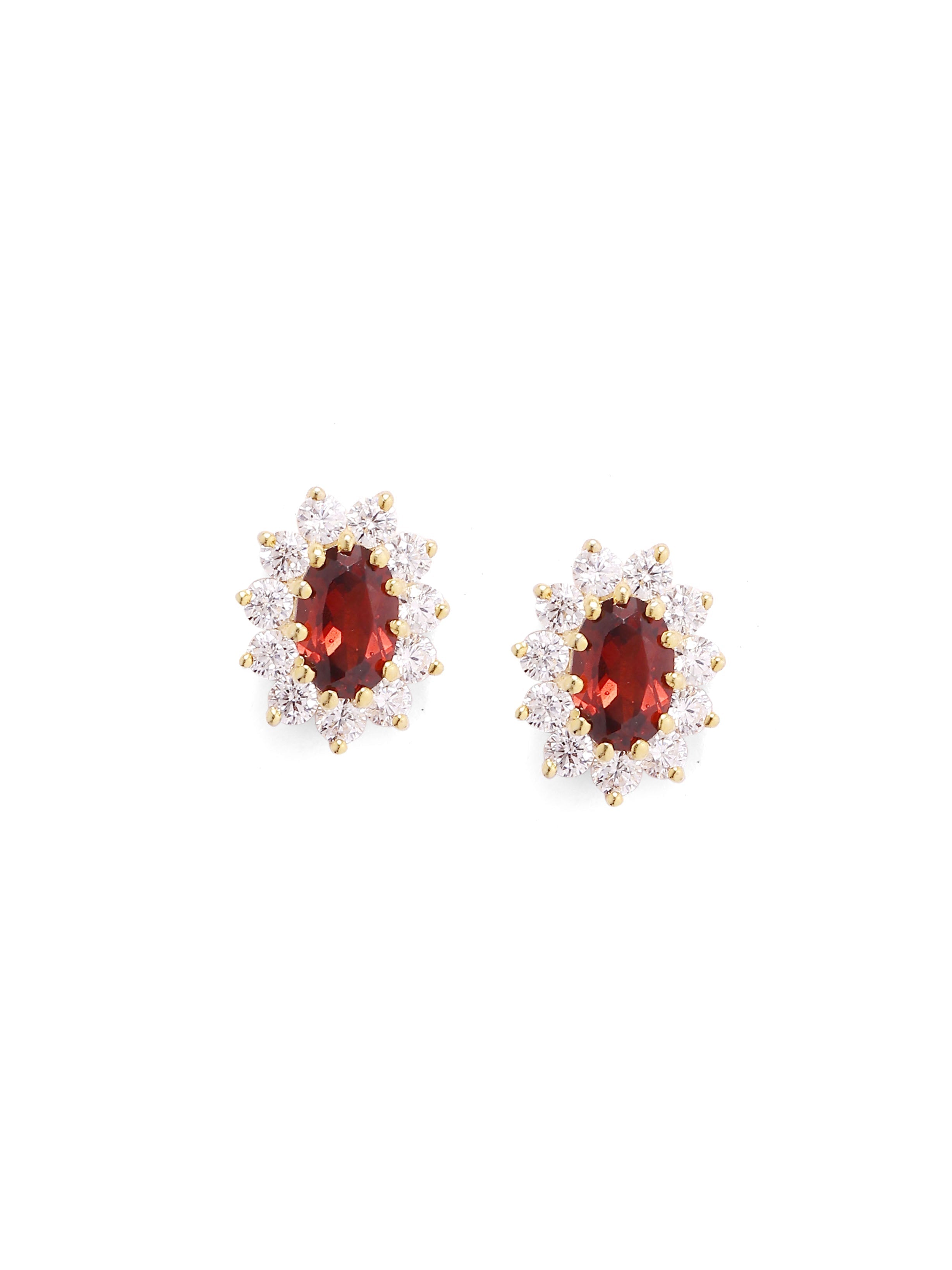 Kirti earrings in 92.5 Sterling Silver handcrafted and dipped in 1 micron Gold plating with red Quartz and Zircon.