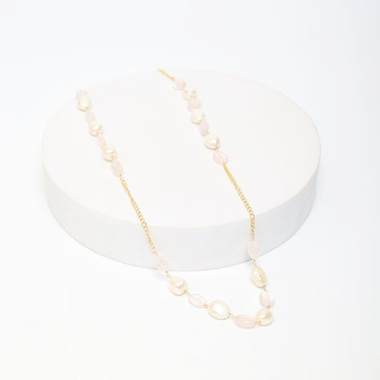 Sterling Silver Gold plated rose Quartz and fresh water pearl string in 18 karat Gold plating.