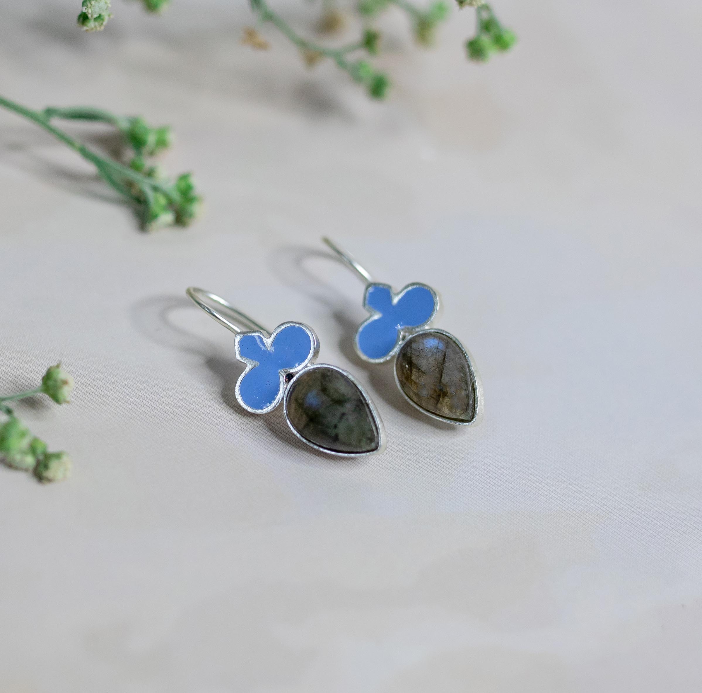 Earring with Labrodorite and Pale Blue Enamel