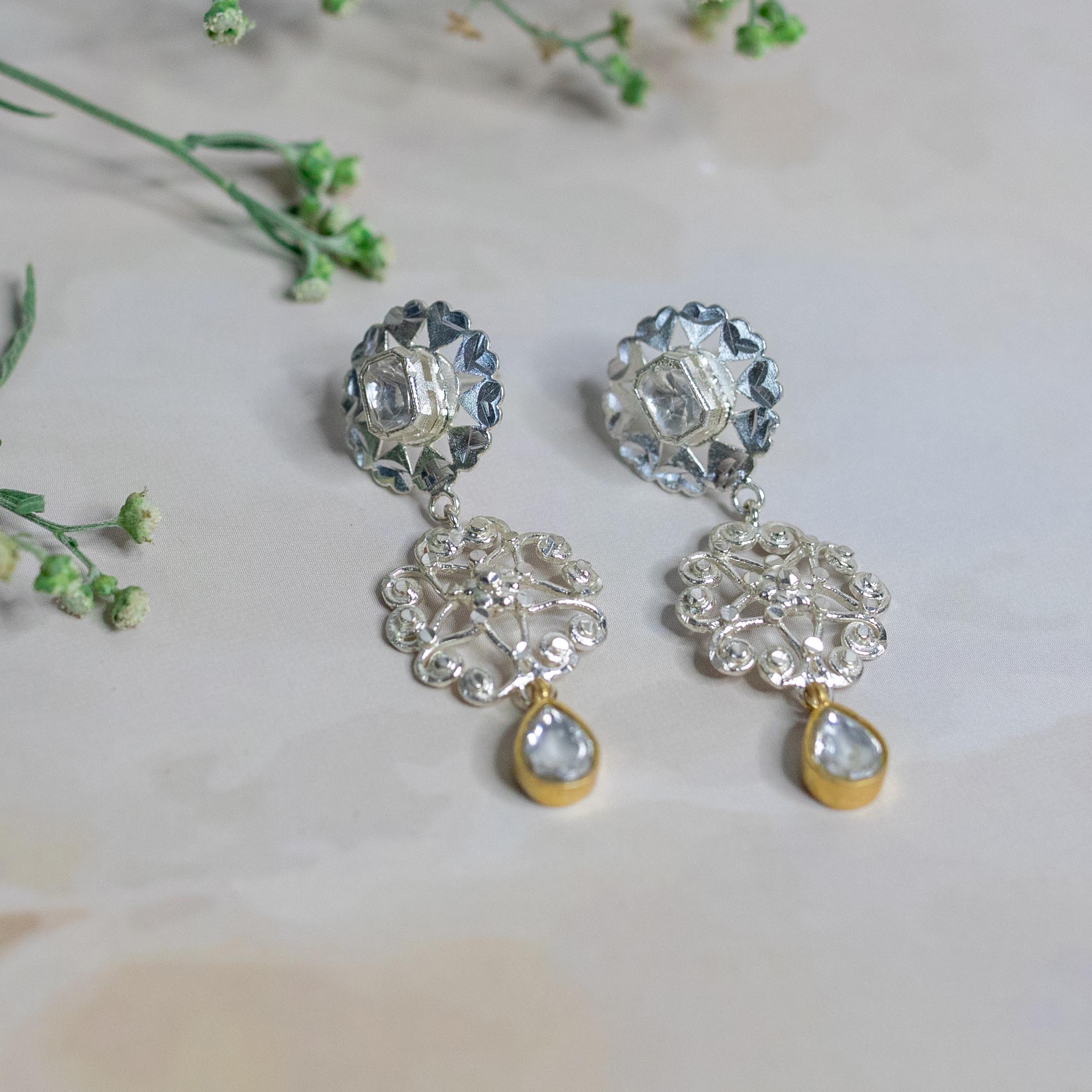 Two Tone Filligree Polki Earrings