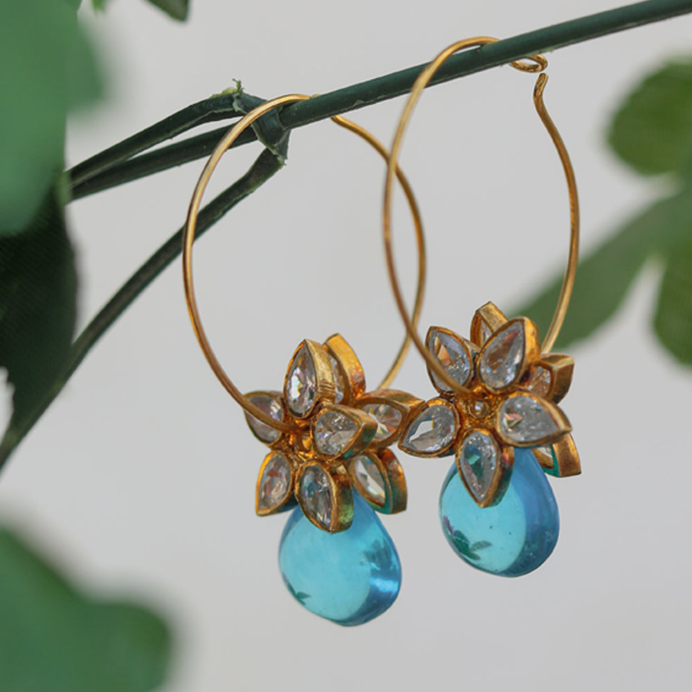 Blue toppez with glass polki hanging hoops