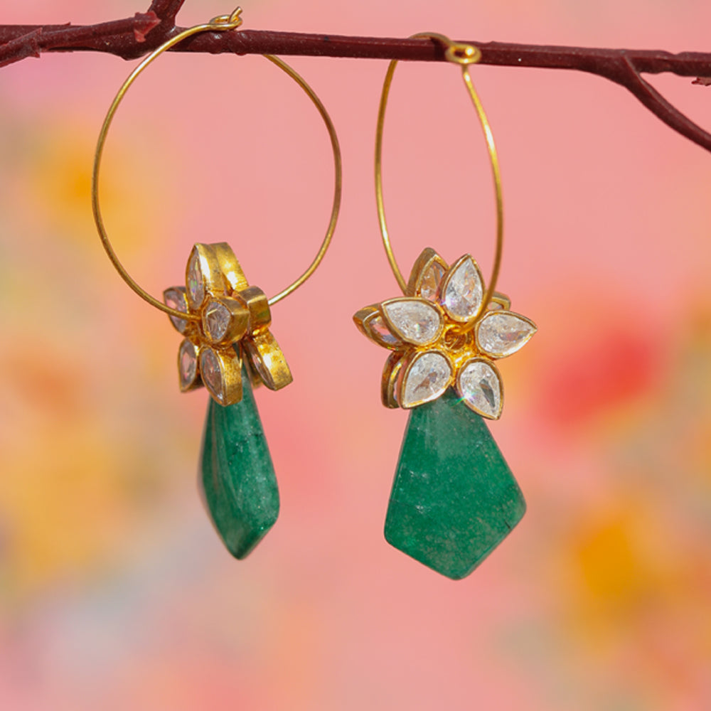 Green Onyx With Glass Polki Hoops