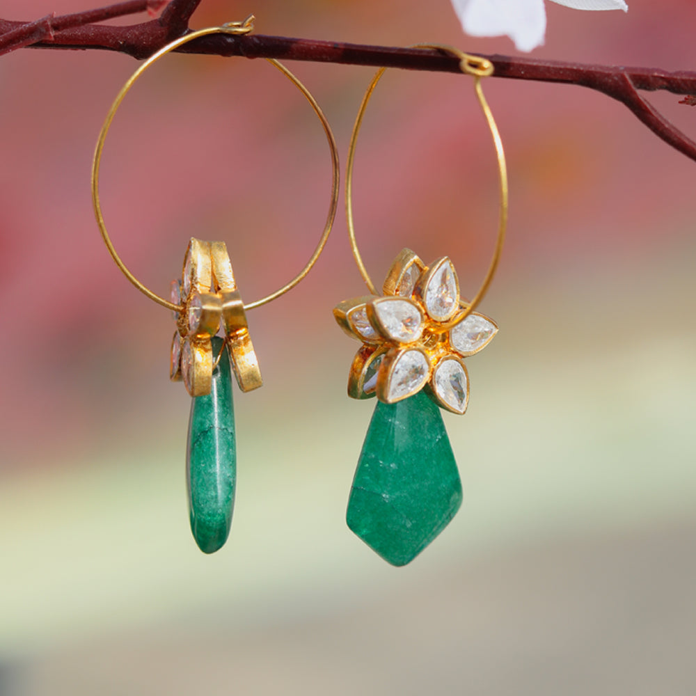Green Onyx With Glass Polki Hoops