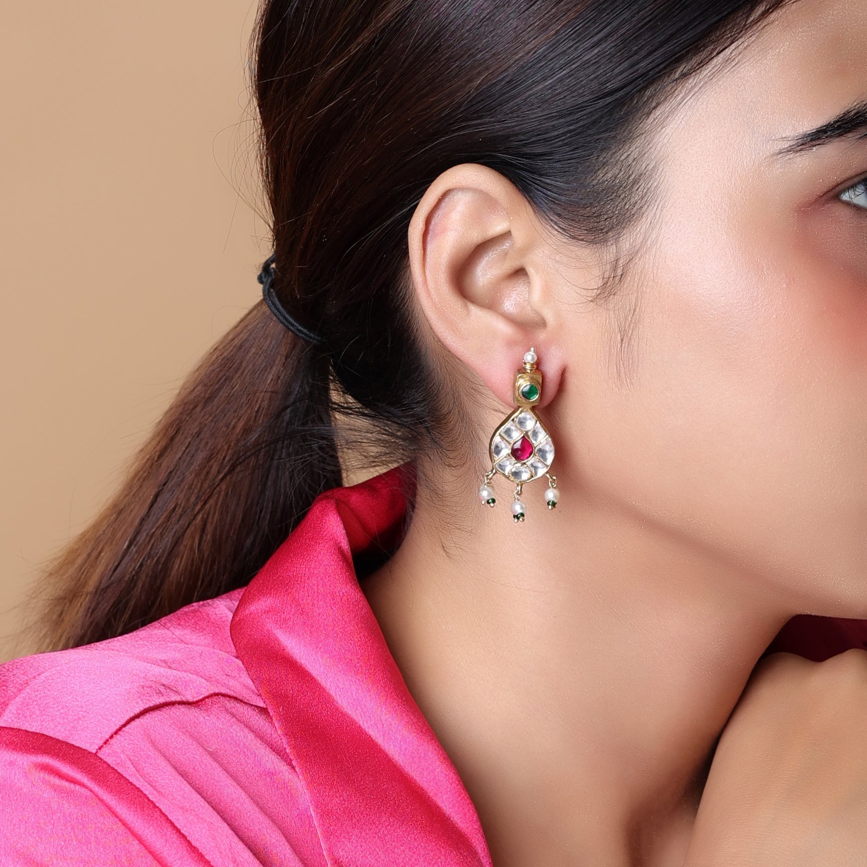Sterling Silver Gold plated Jadau red green and Polki earrings
For indo Western look.