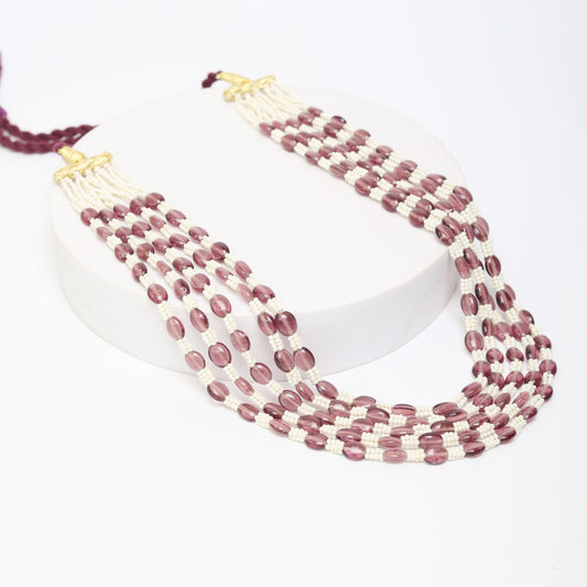 Aubergine colored Quartz with Pearls in a gorgeous five layered string necklace with multi colored thread sarafa closure. Length: 18-20 inches