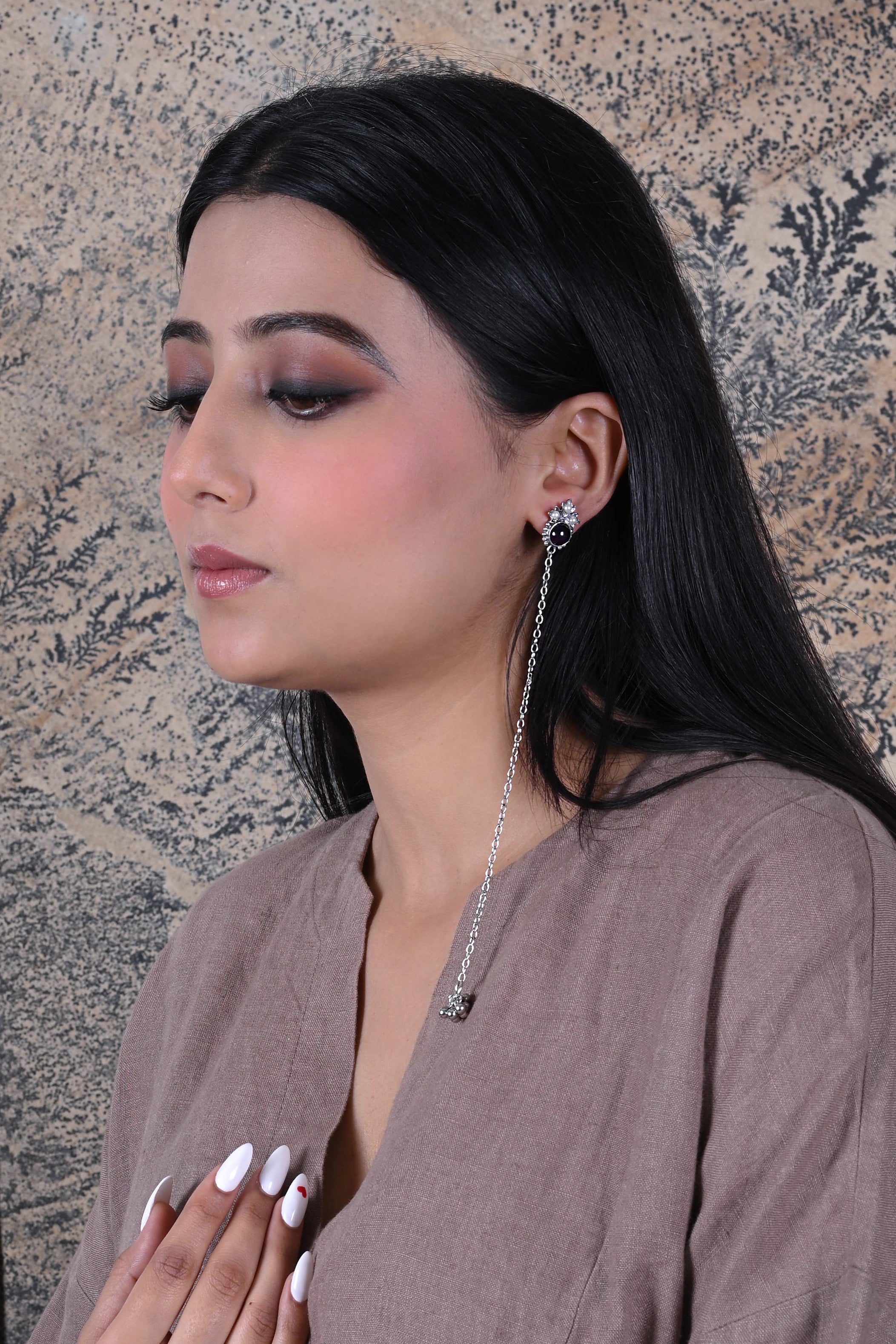 Silver Red Qz Dehjoor Earrings