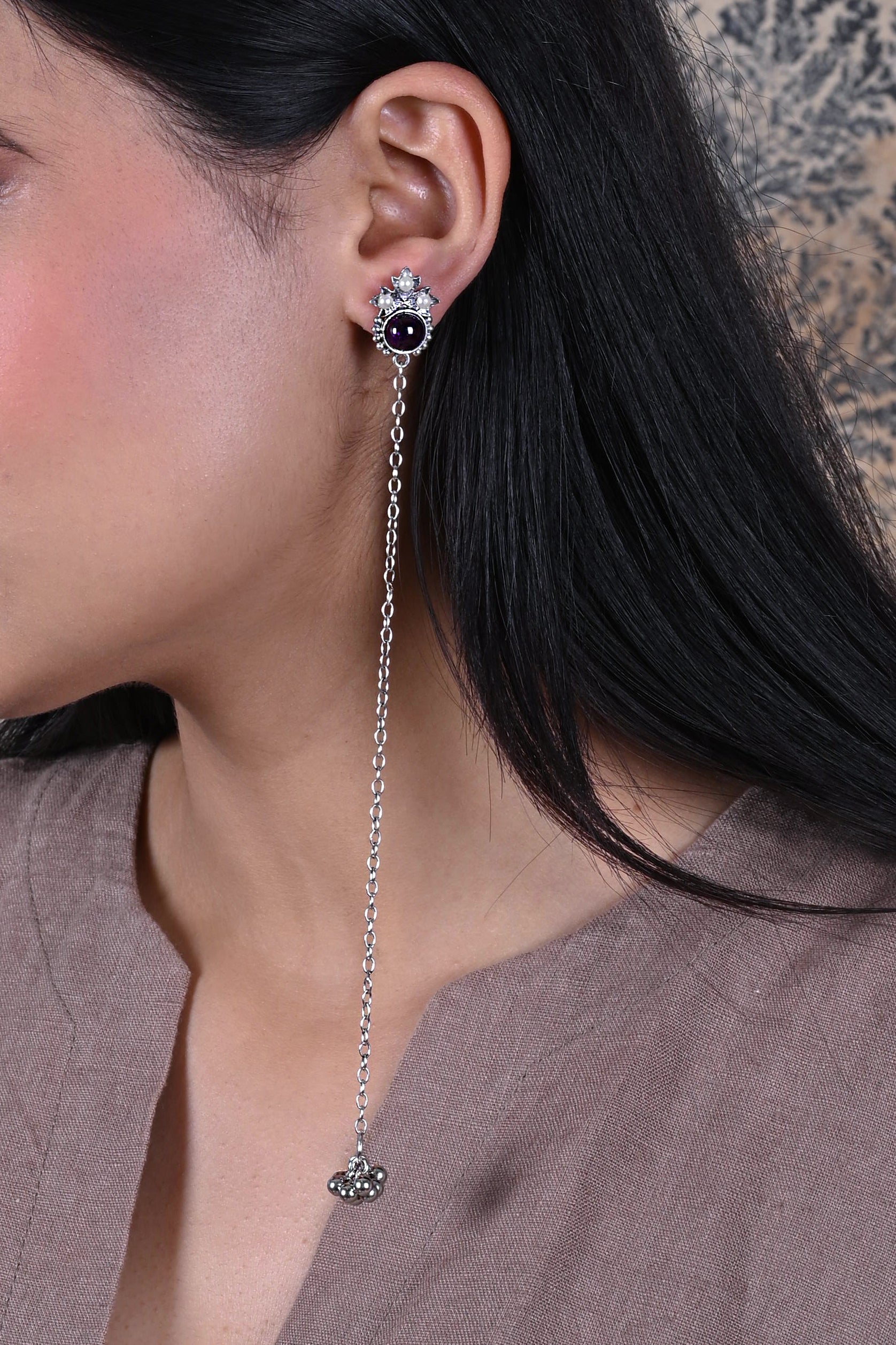 Silver Red Qz Dehjoor Earrings