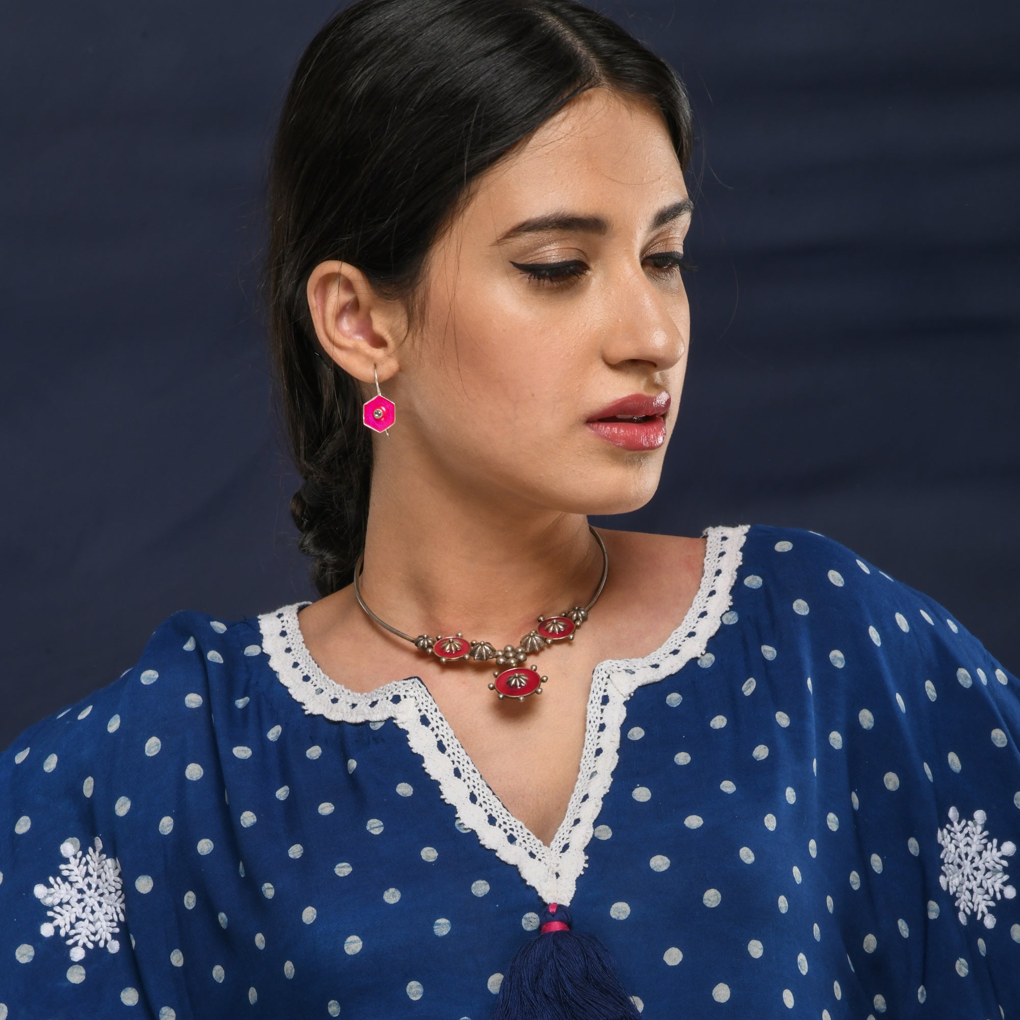 Vintage Silver Choker Meena Necklace