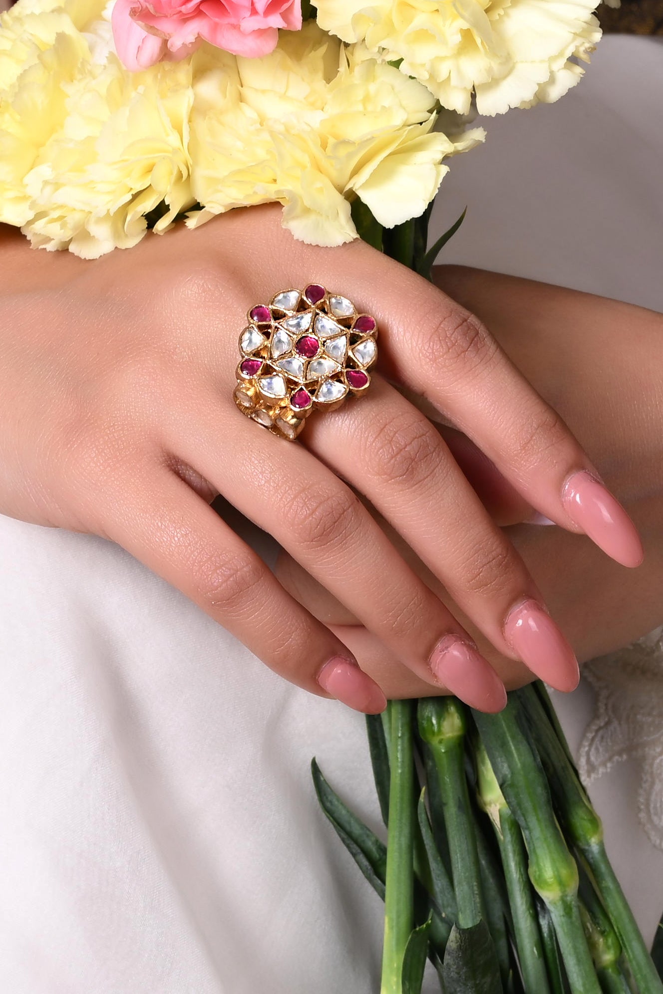 Mohini Ring in 92.5 Sterling Silver handcrafted and dipped in 1 micron Gold plating Jadau-Polki ring, adjustable.