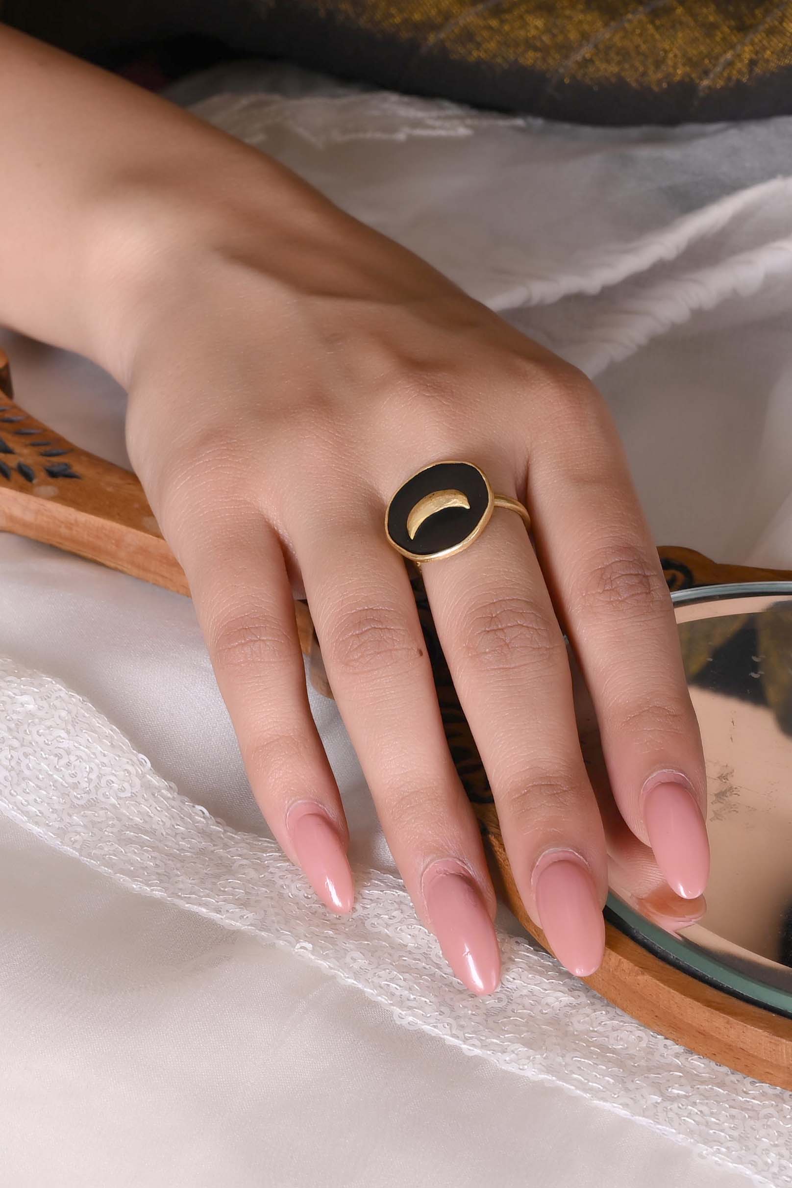 Chaand Ring in 92.5 Sterling Silver handcrafted and dipped in 1 micron Gold plating in antique black enamel finish.