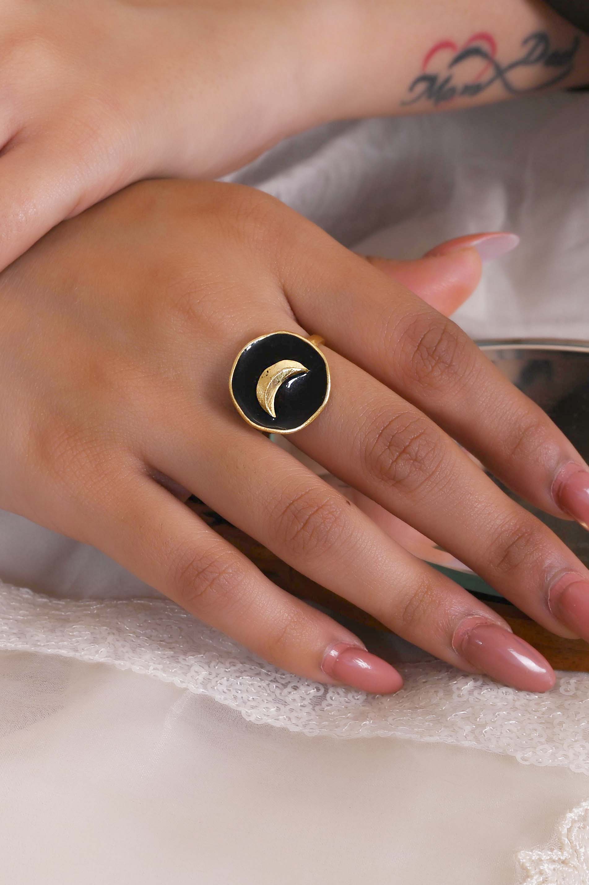 Chaand Ring in 92.5 Sterling Silver handcrafted and dipped in 1 micron Gold plating in antique black enamel finish.