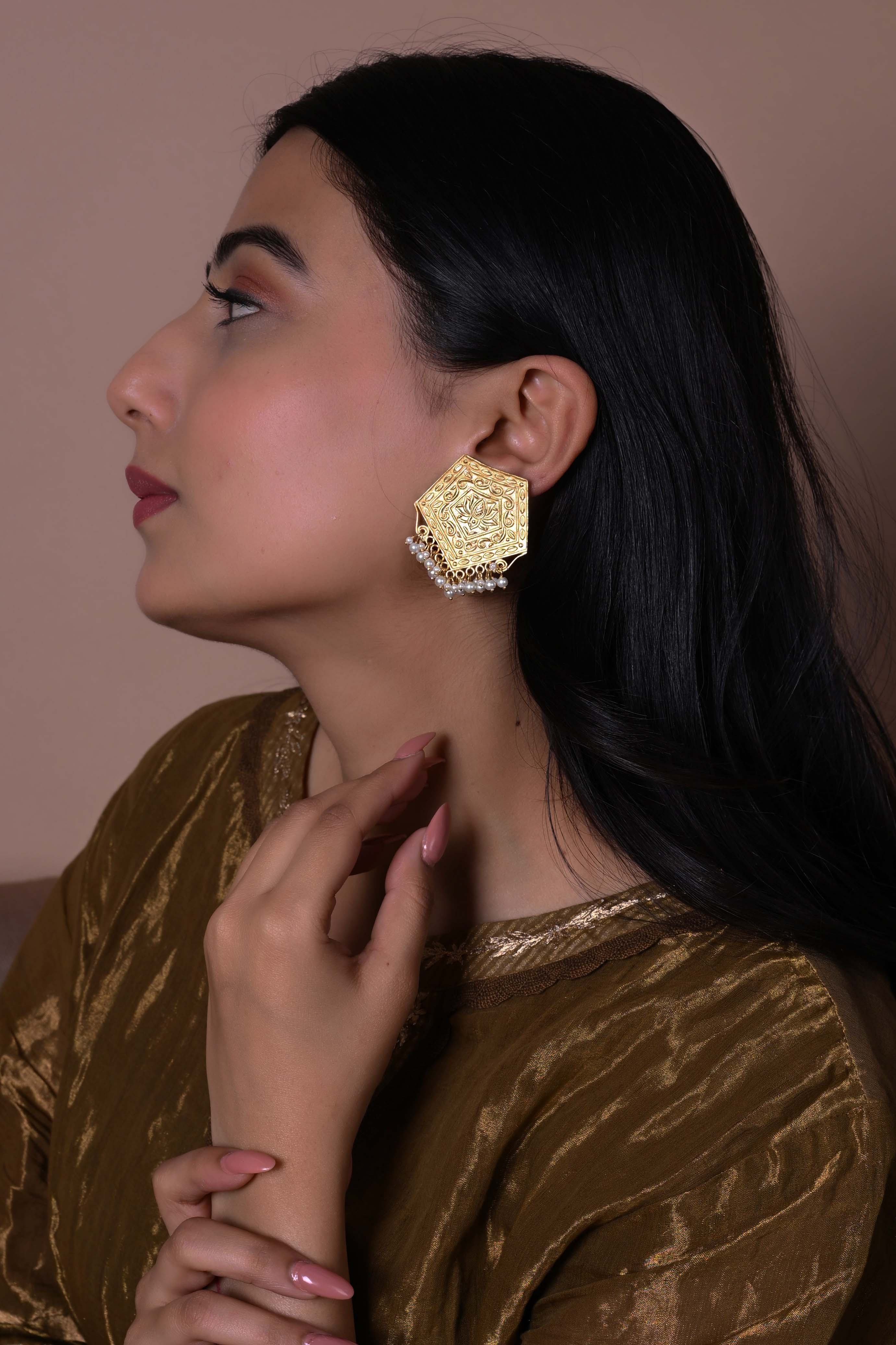 Lotus hexa studs in Silver Alloy with cultured pearls in Post-Push closure.