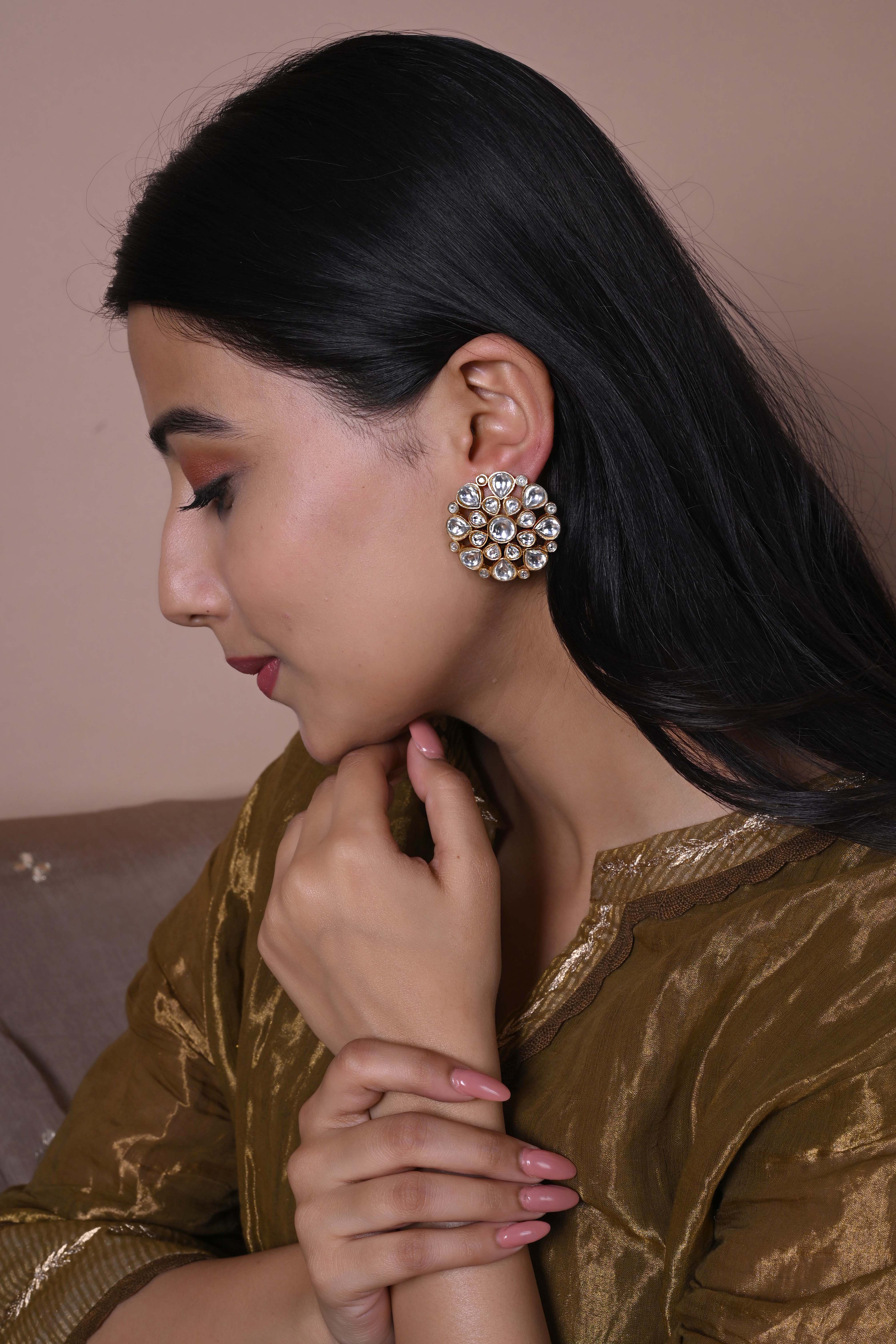 Sterling Silver oversized stud earrings with billor Polki in Post-Push closure.