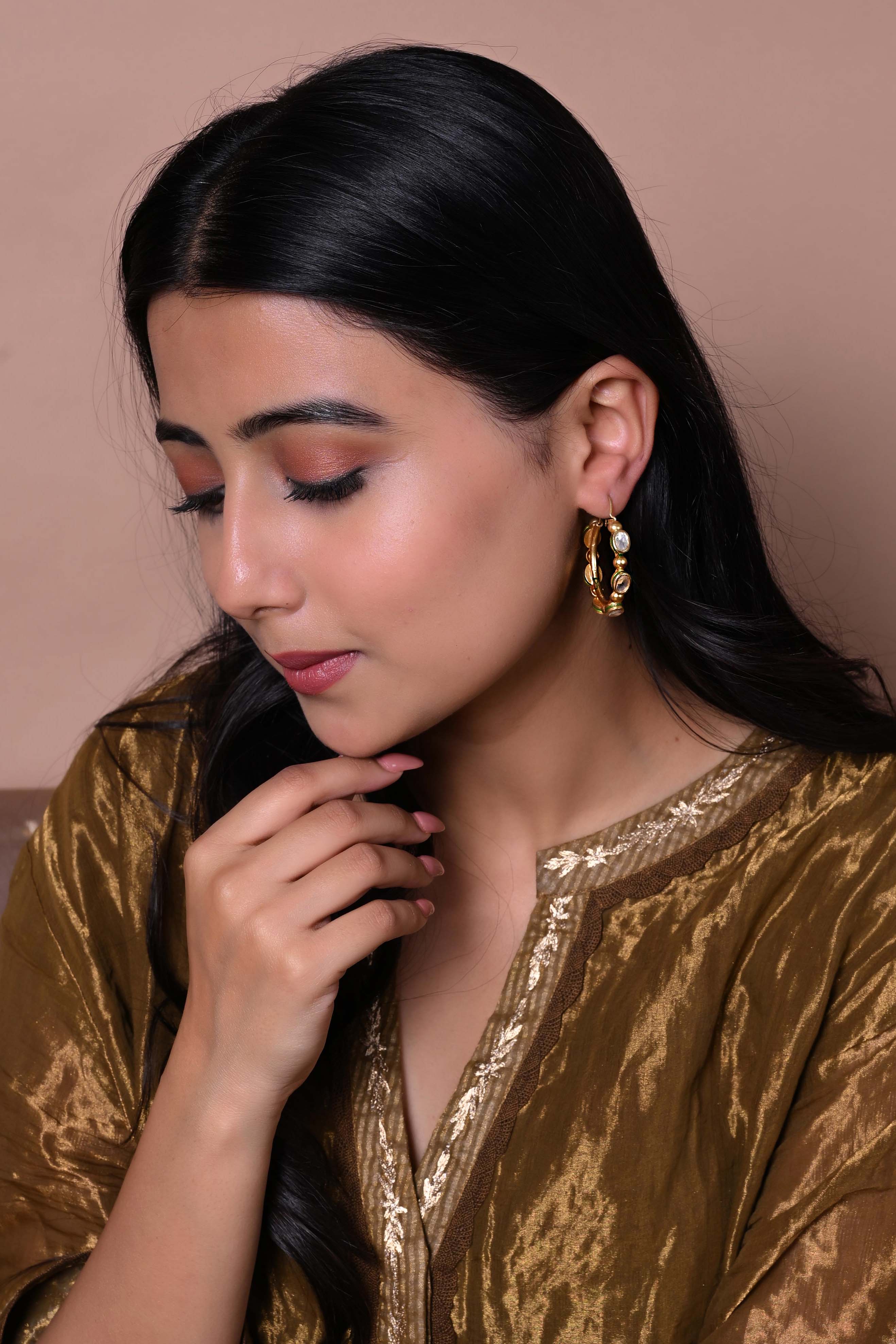 Earrings-Hoops in 92.5 Sterling Silver handcrafted and dipped in 1 micron Gold plating with Jadau-Polki in Enamel.