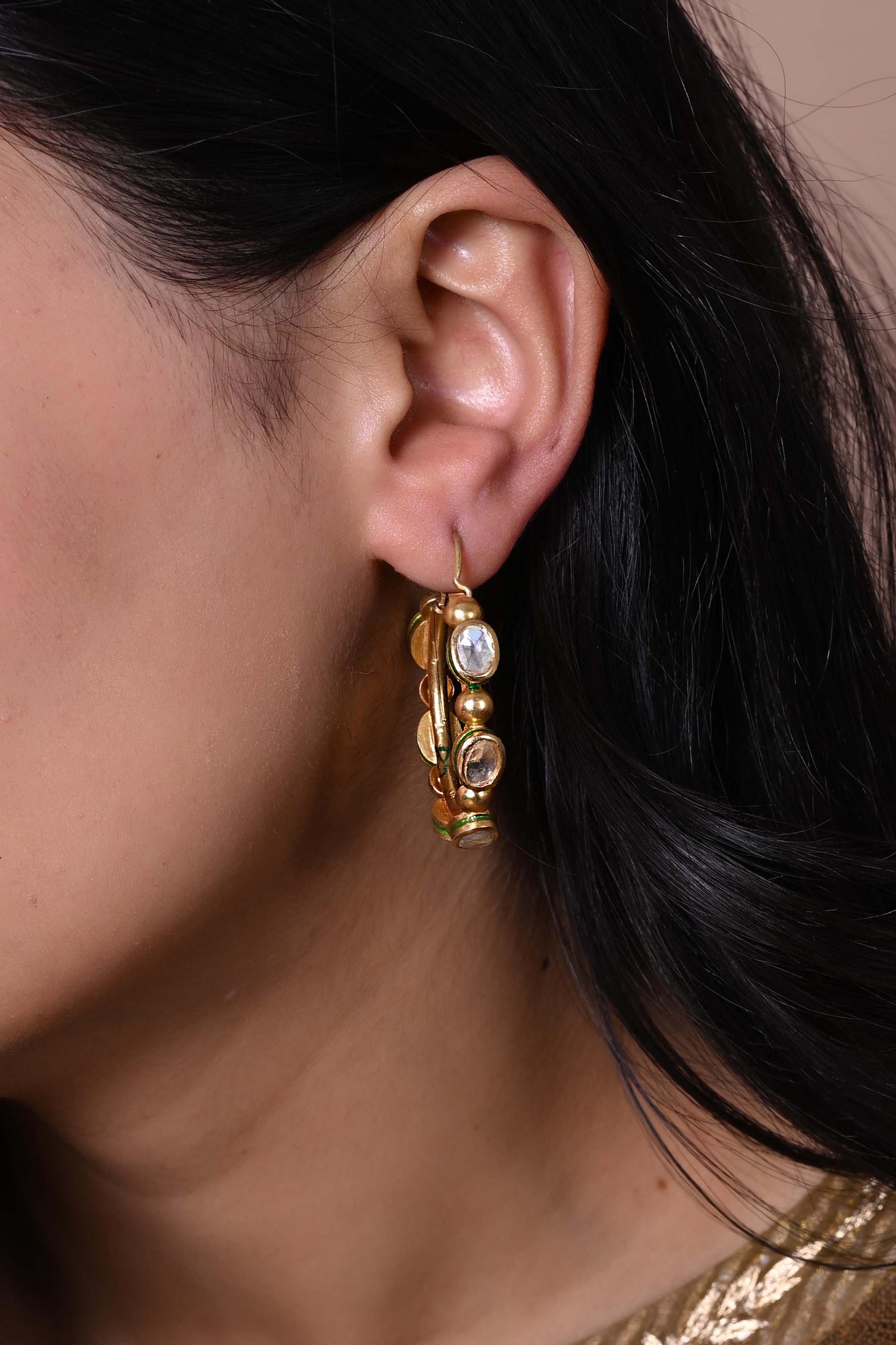 Earrings-Hoops in 92.5 Sterling Silver handcrafted and dipped in 1 micron Gold plating with Jadau-Polki in Enamel.