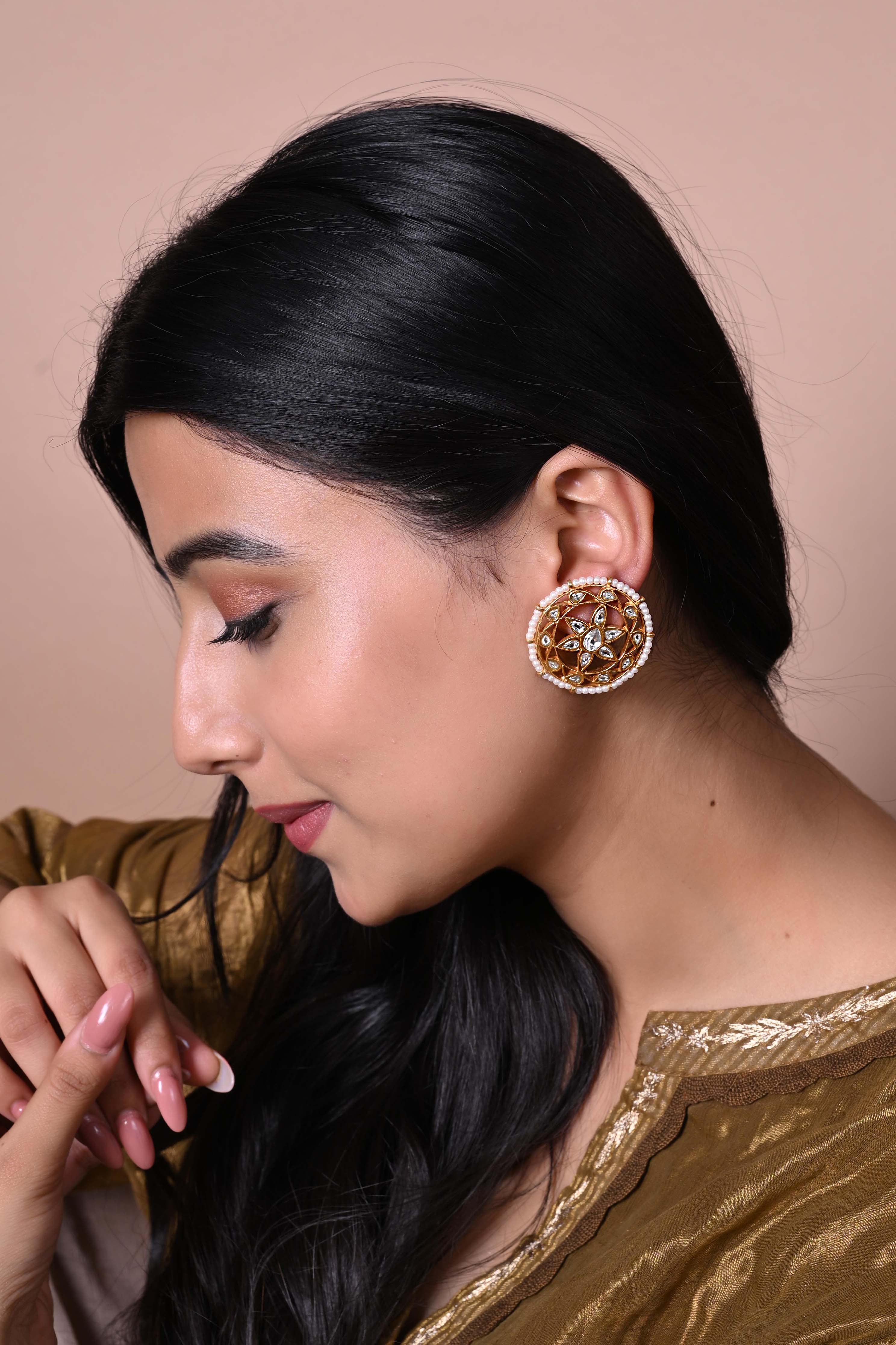 Karna phool earrings in Sterling Silver tops with Billor Polki and Pearls in Jadau Post and push closure.