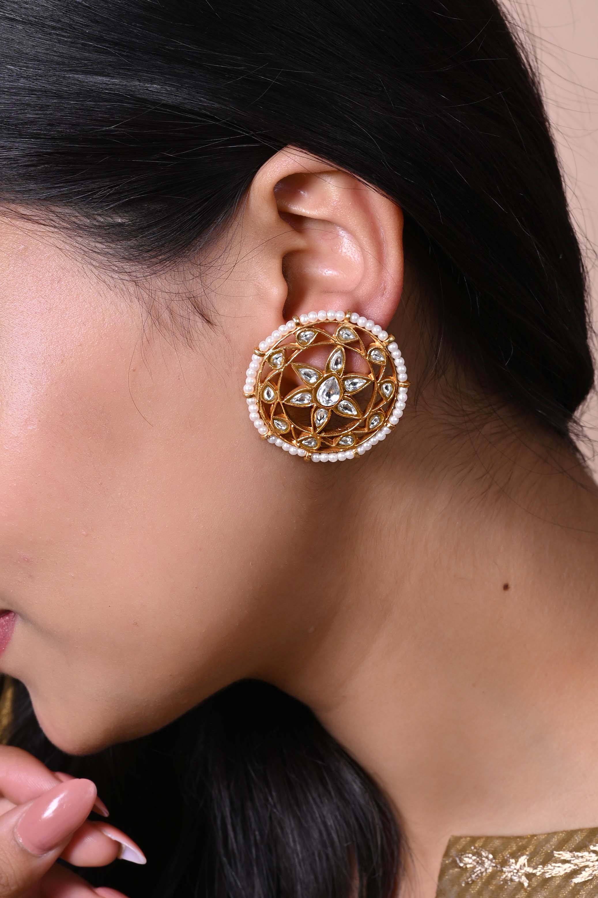 Karna phool earrings in Sterling Silver tops with Billor Polki and Pearls in Jadau Post and push closure.