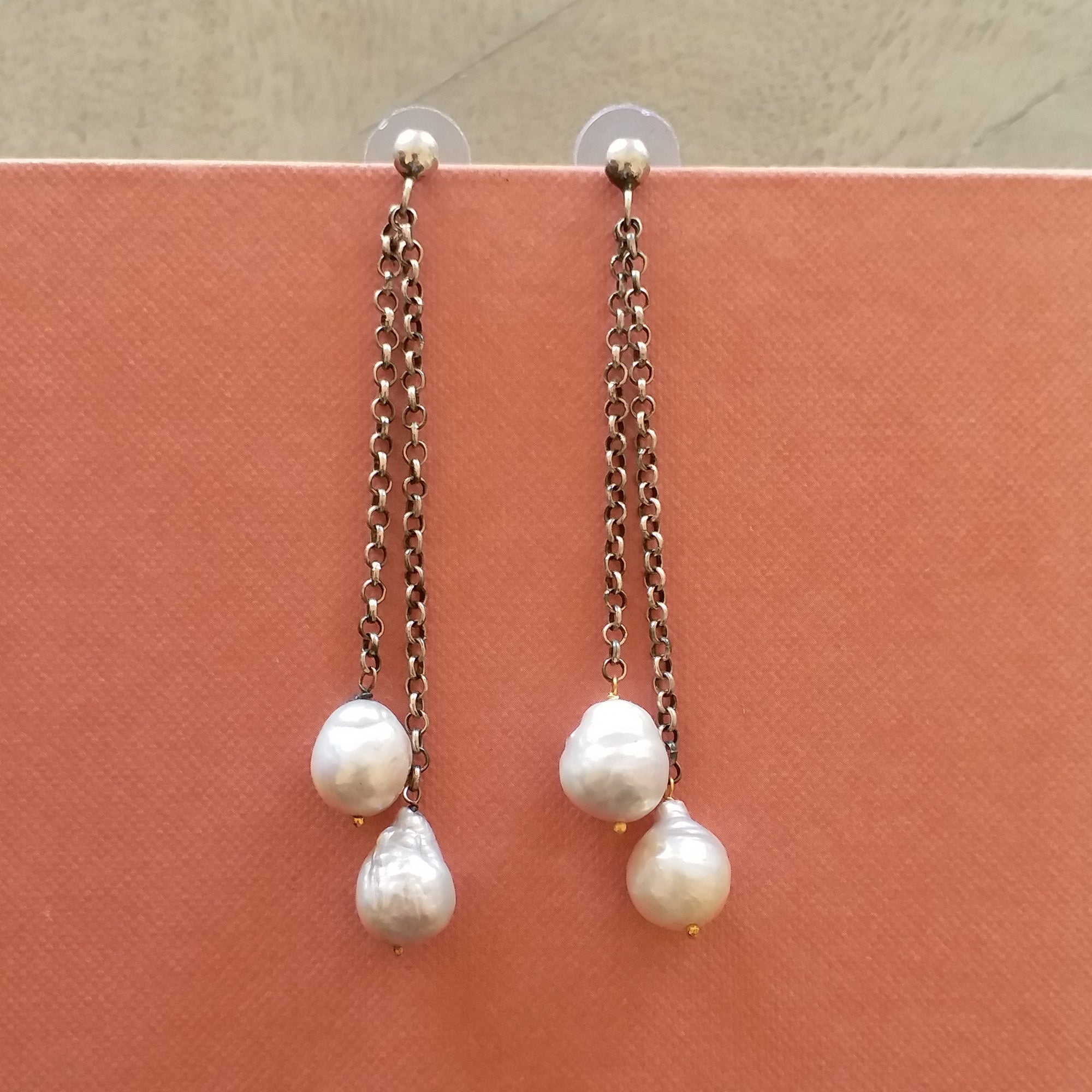 Silver Chain Pearl Drop Earrings