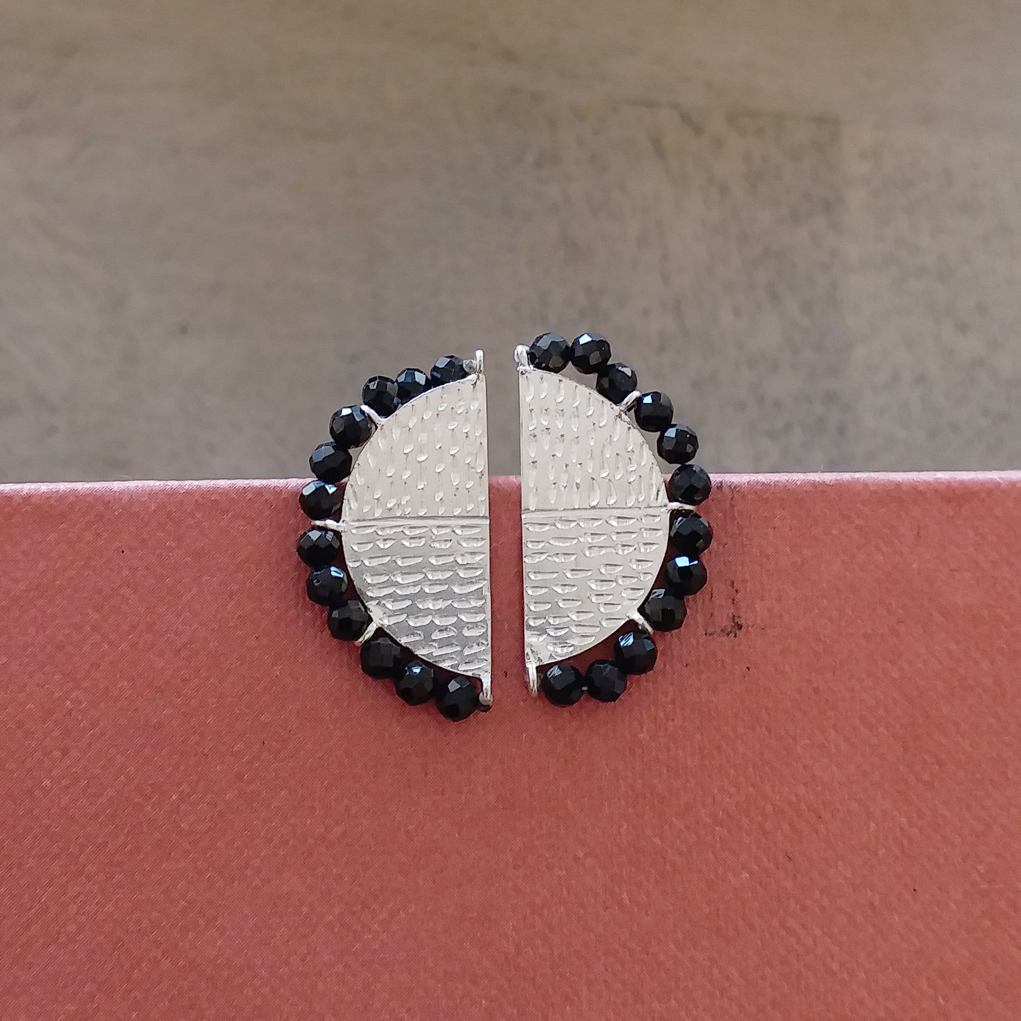 Black Spinel Beads Silver Stud Earrings