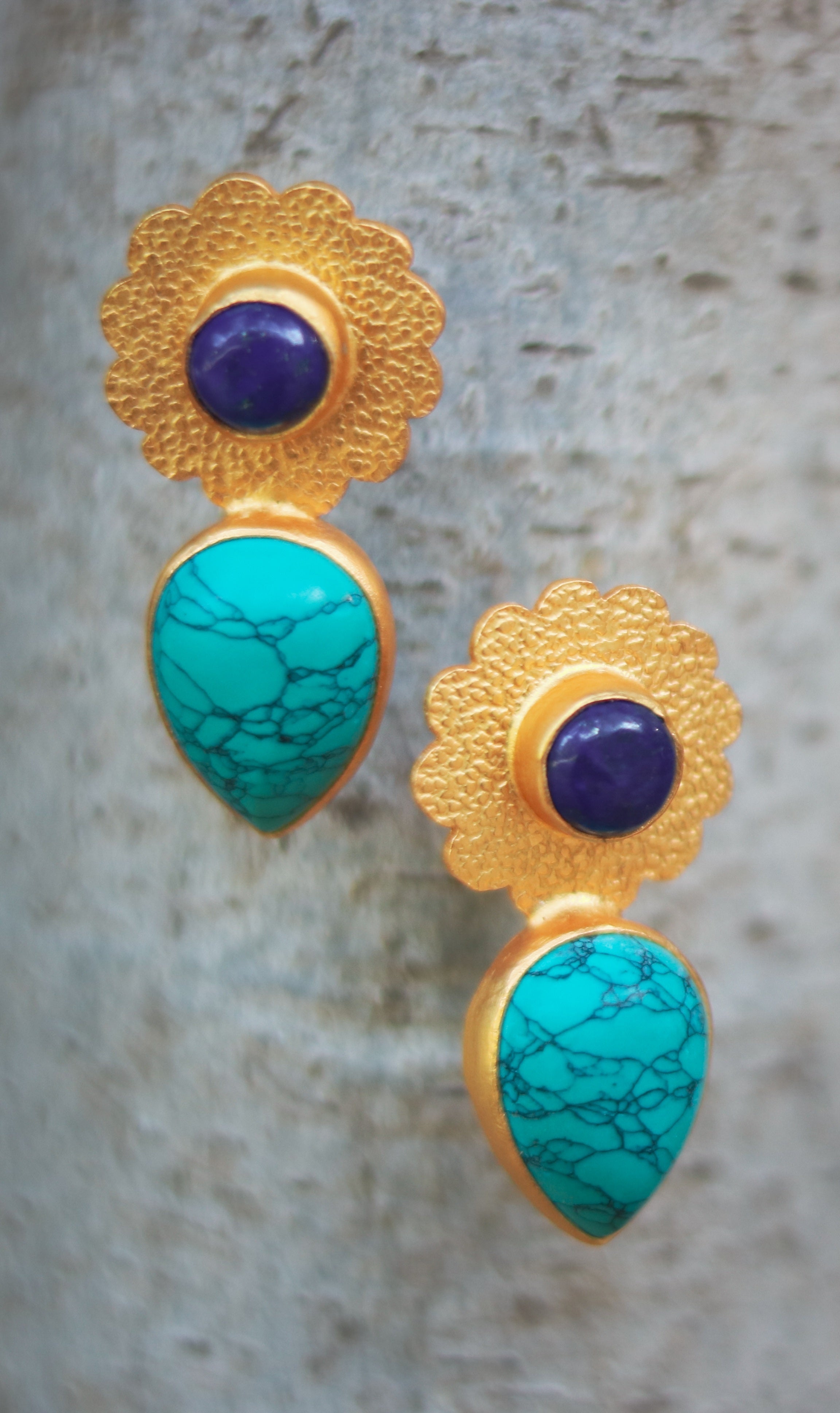 Bezel Set Turquoise Lapis Earlobe Studs
