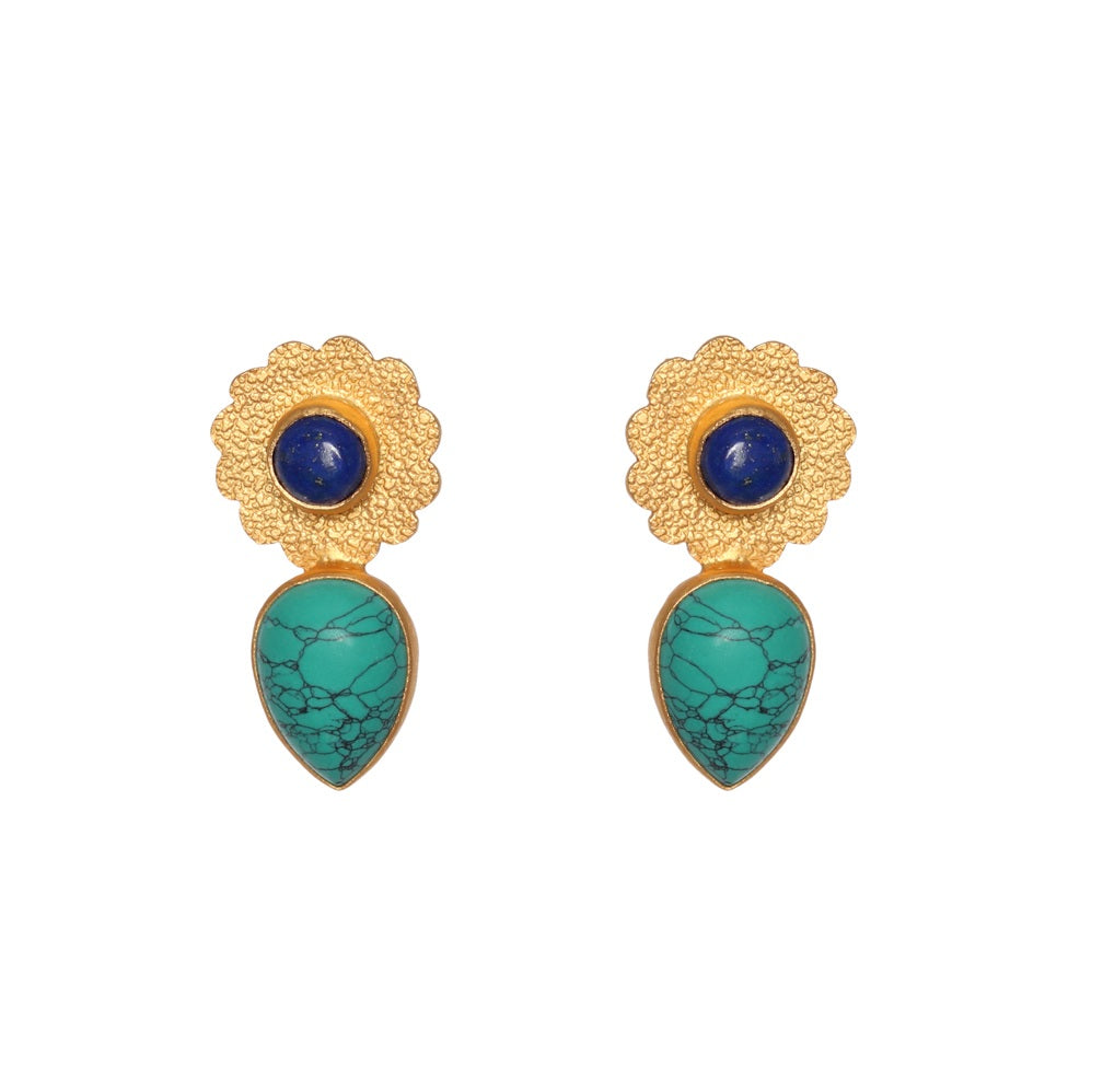 Bezel Set Turquoise Lapis Earlobe Studs