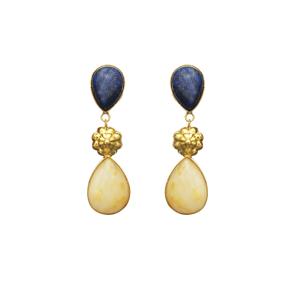 Yellow Aventurine Lapis Gemstone Yellow Vermeil Silver Dangle Earrings
