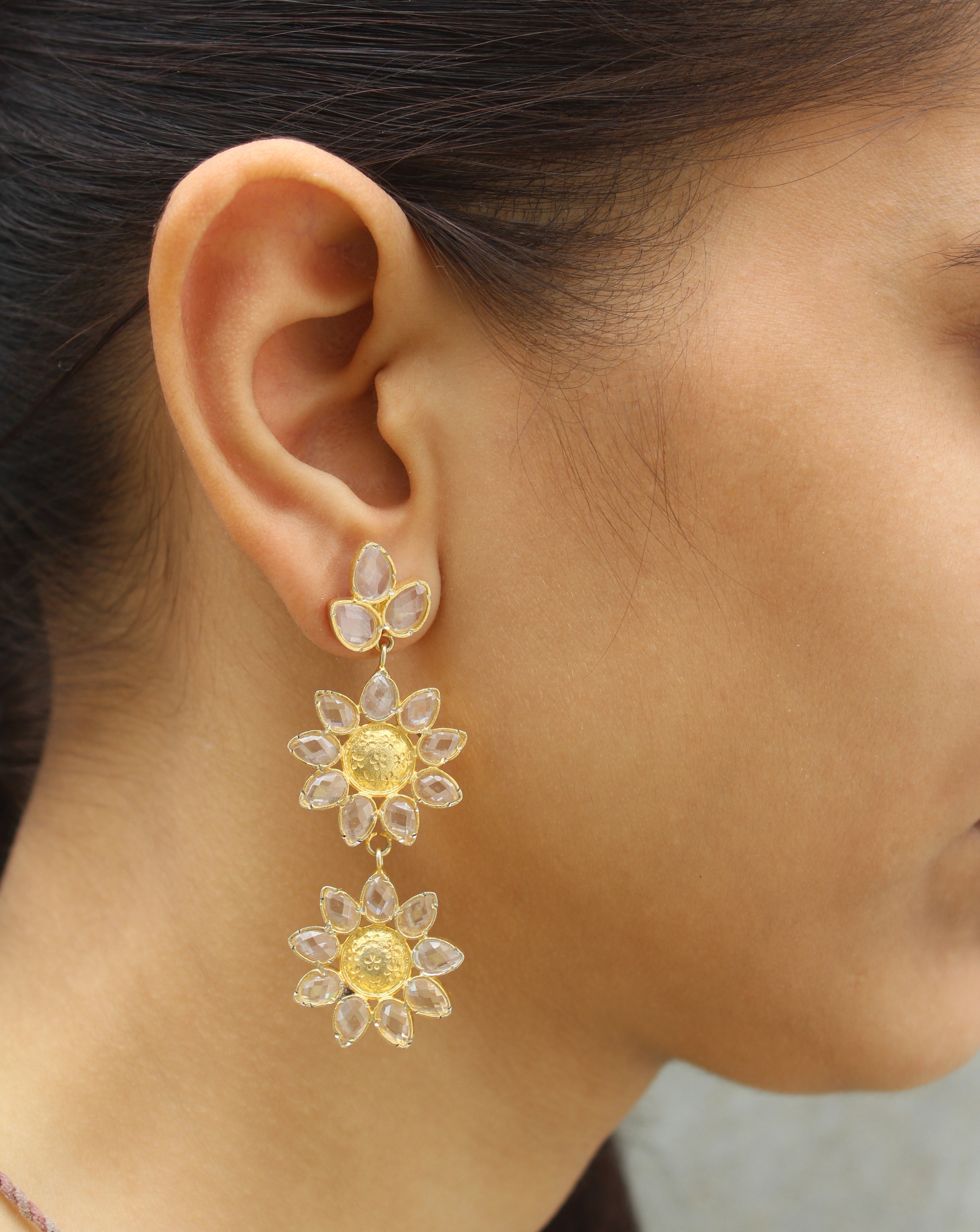 Cryastal Gemstone Floral Dangle Earrings