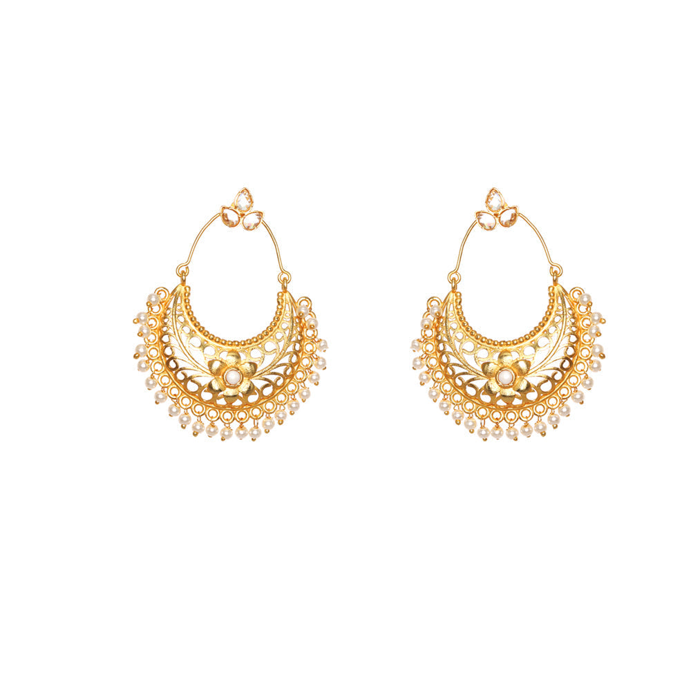 Yellow Vermeil Traditional hoop Chandbali Pearl Earrings