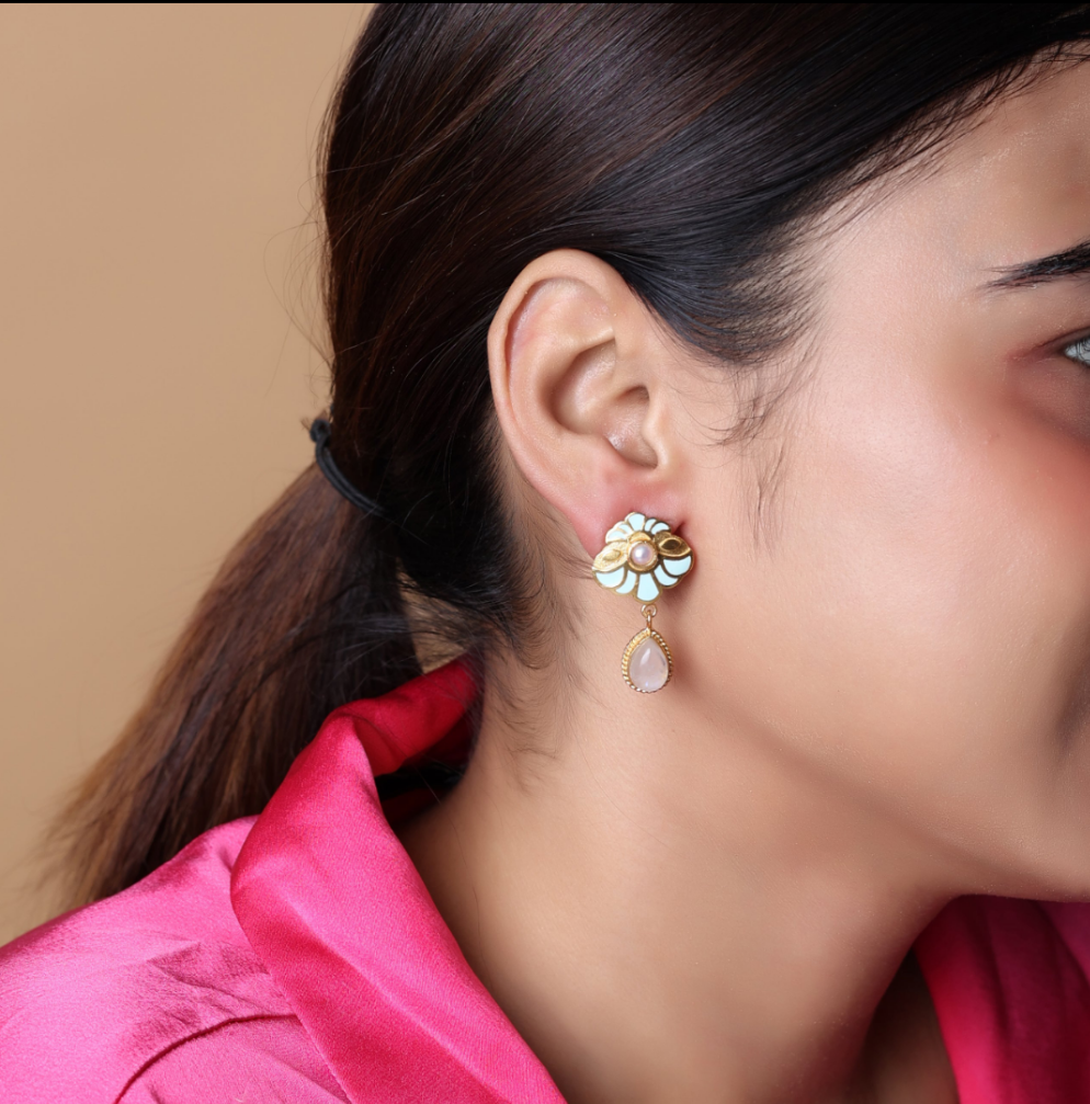 Sky blue enamelled drop earrings in 92.5 Sterling Silver sky blue Enamel with Pearls and moonstone drops with 1 micron Gold plating.