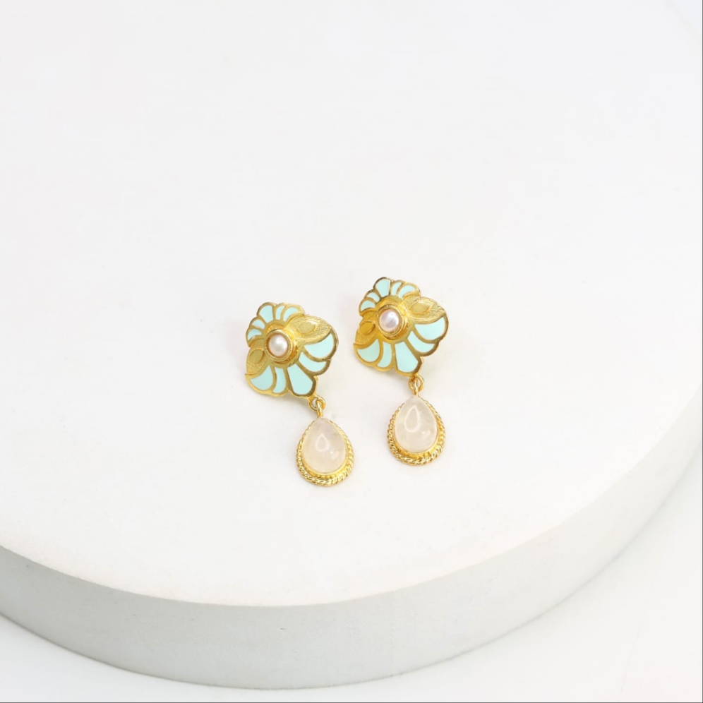 Sky blue enamelled drop earrings in 92.5 Sterling Silver sky blue Enamel with Pearls and moonstone drops with 1 micron Gold plating.
