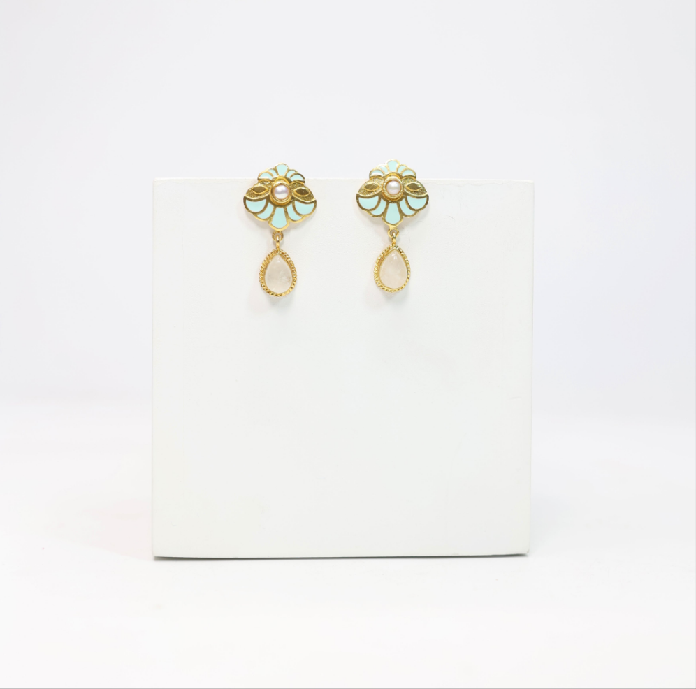 Sky blue enamelled drop earrings in 92.5 Sterling Silver sky blue Enamel with Pearls and moonstone drops with 1 micron Gold plating.