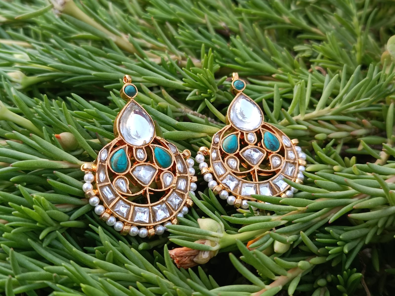 Turquoise chand hoops
Sterling silver Chand Bali with billor Polki turquoise and fresh water pearls