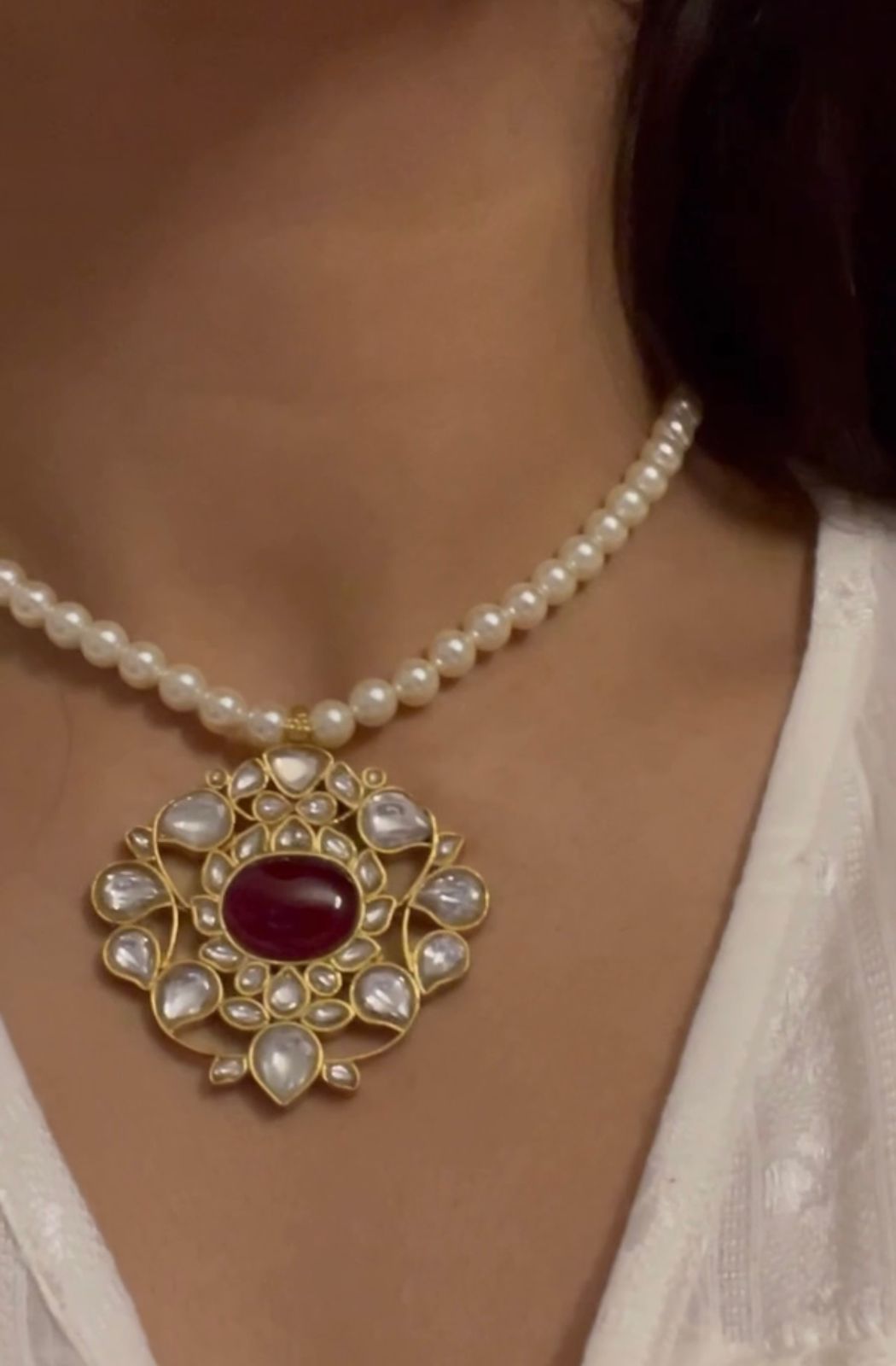 Mughal inspired necklace, Sterling silver with red Quartz, Billor Polki and strung in swarovsky pearls,18k micron gold plating with Sarafa Closure