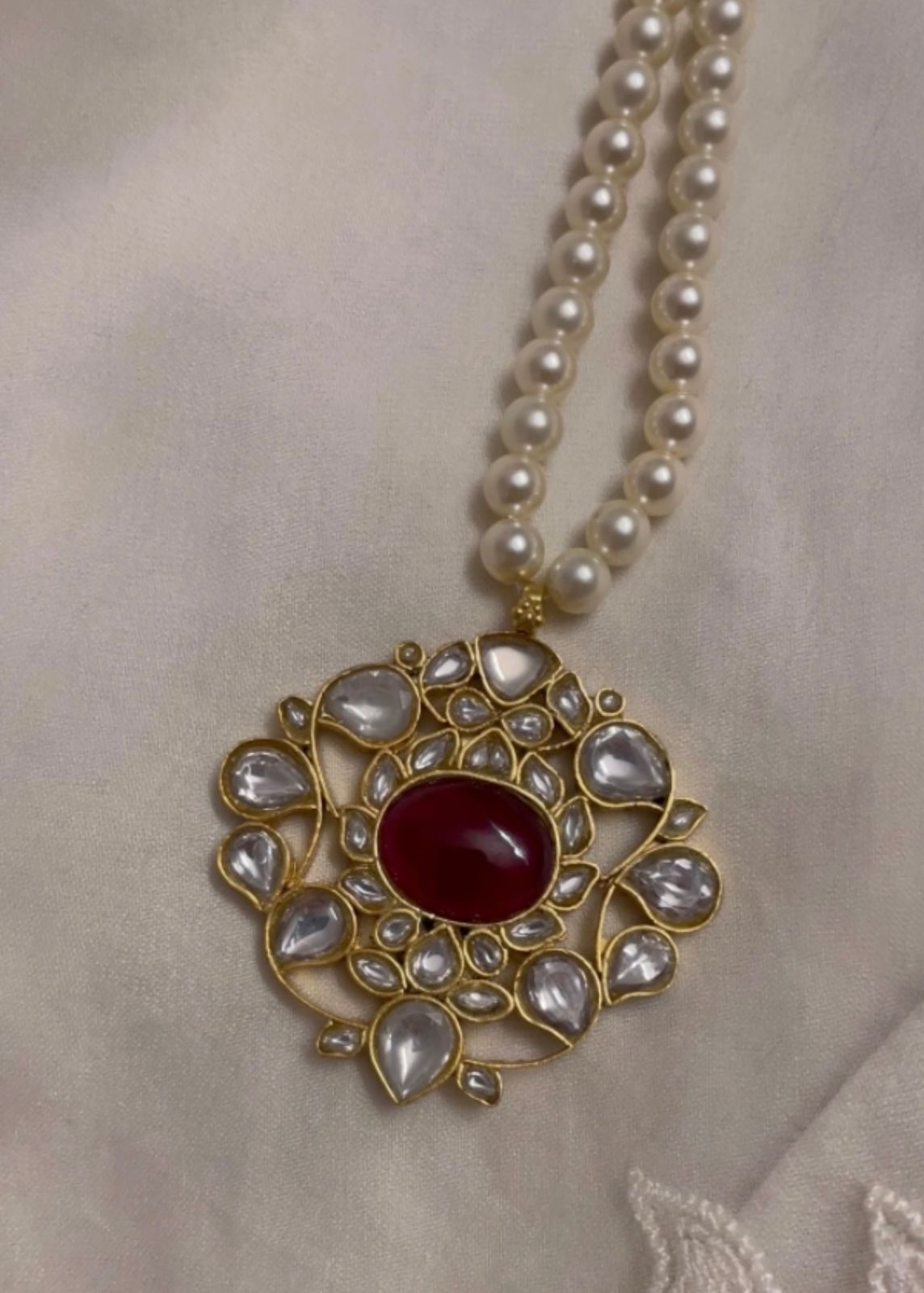 Mughal inspired necklace, Sterling silver with red Quartz, Billor Polki and strung in swarovsky pearls,18k micron gold plating with Sarafa Closure
