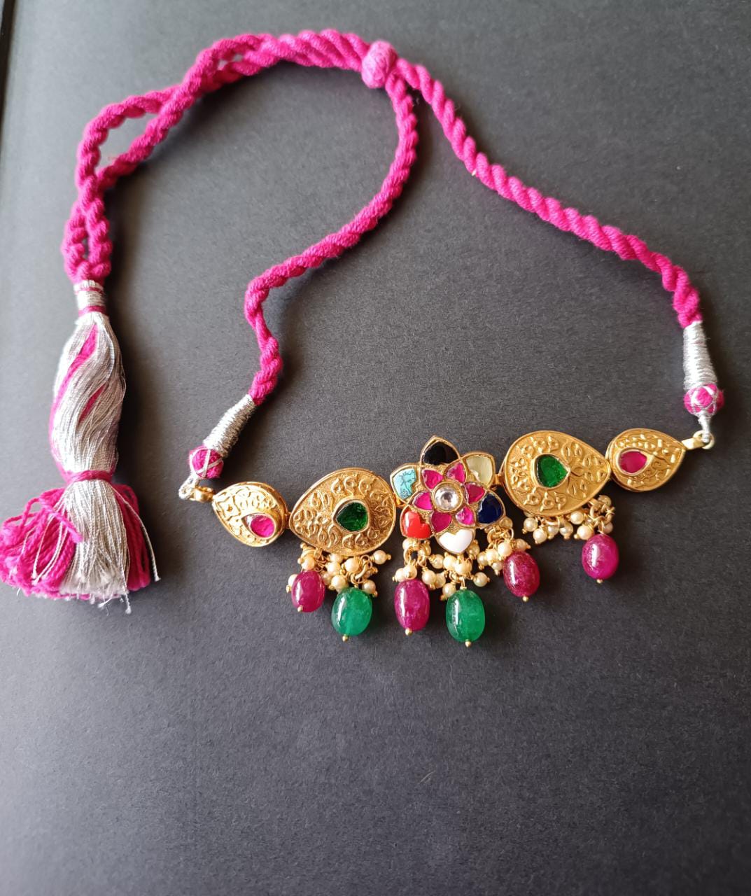 Sterling silver choker with Jadau navrattan stones Red and green drops Sarafa closure.