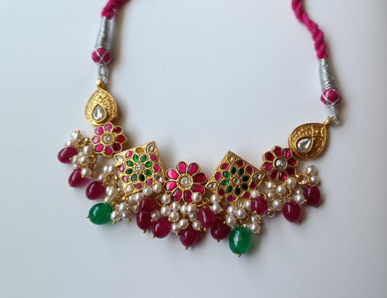 Choki pan choker, Sterling silver choker with red and Polki stones, 1 micron gold plated, Sarafa closure, Green onyx, red quartz and pearls.