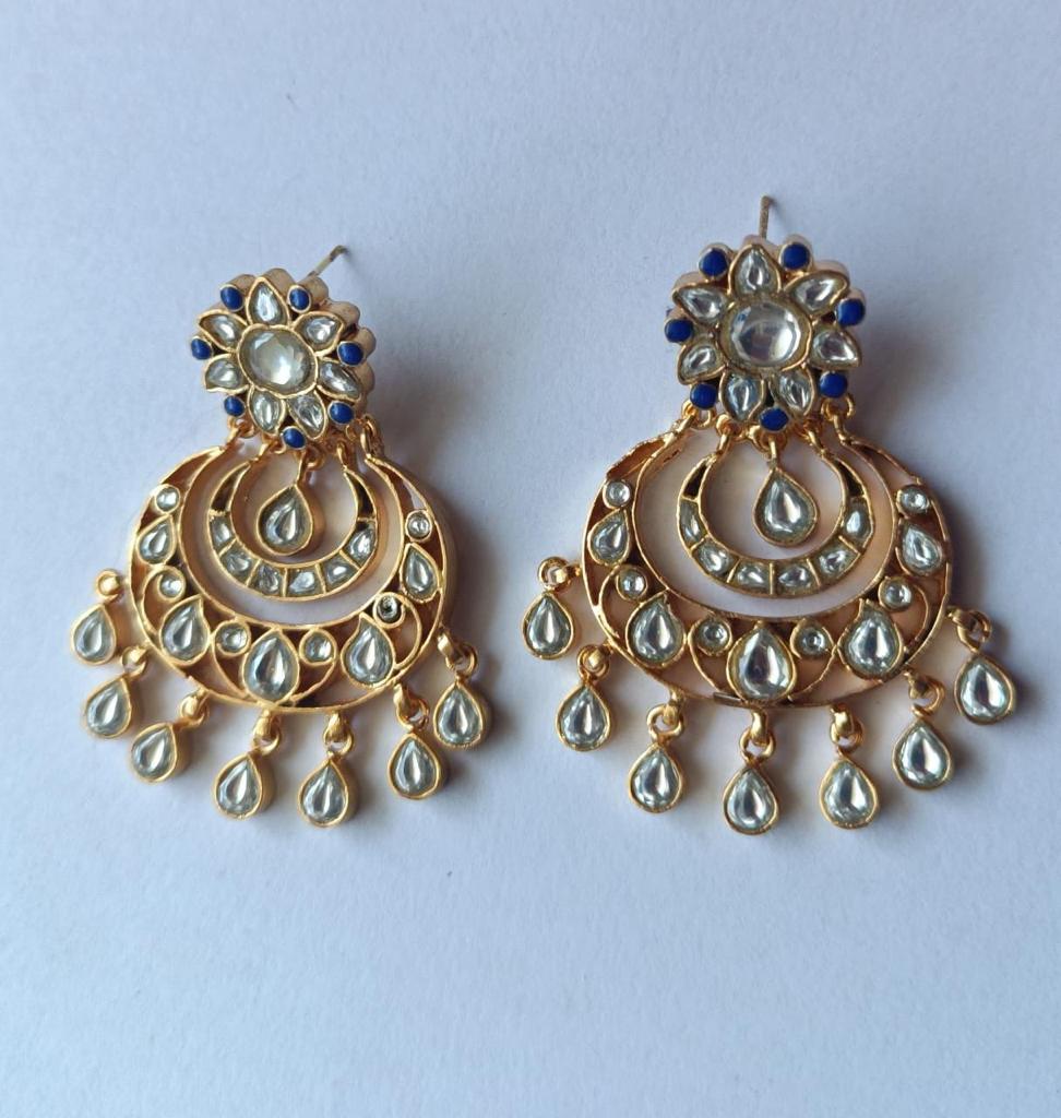 Phool chandbali, Sterling silver with 1 micron gold plating,
Blue enamel, Billor Polki.