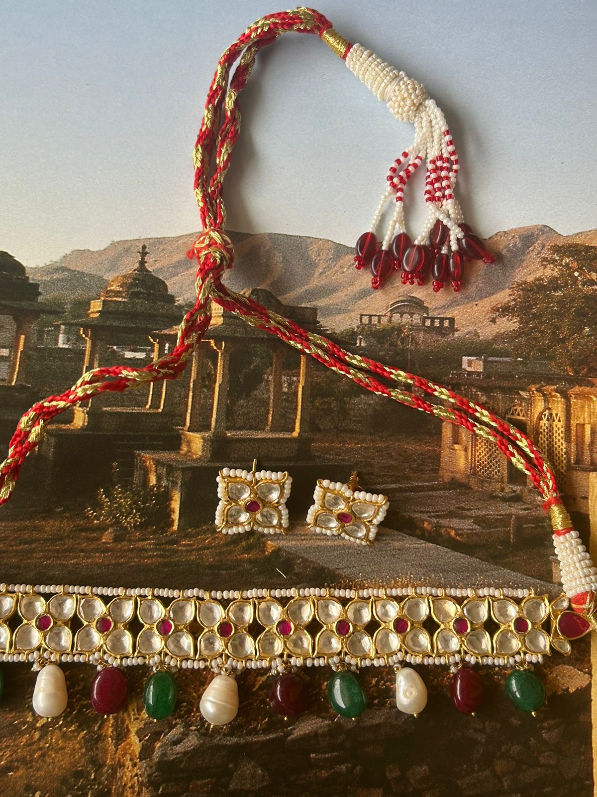 Phool choker and earrings, Handcrafted silver with billor Polki, Red quartz with green quarts and pearls.