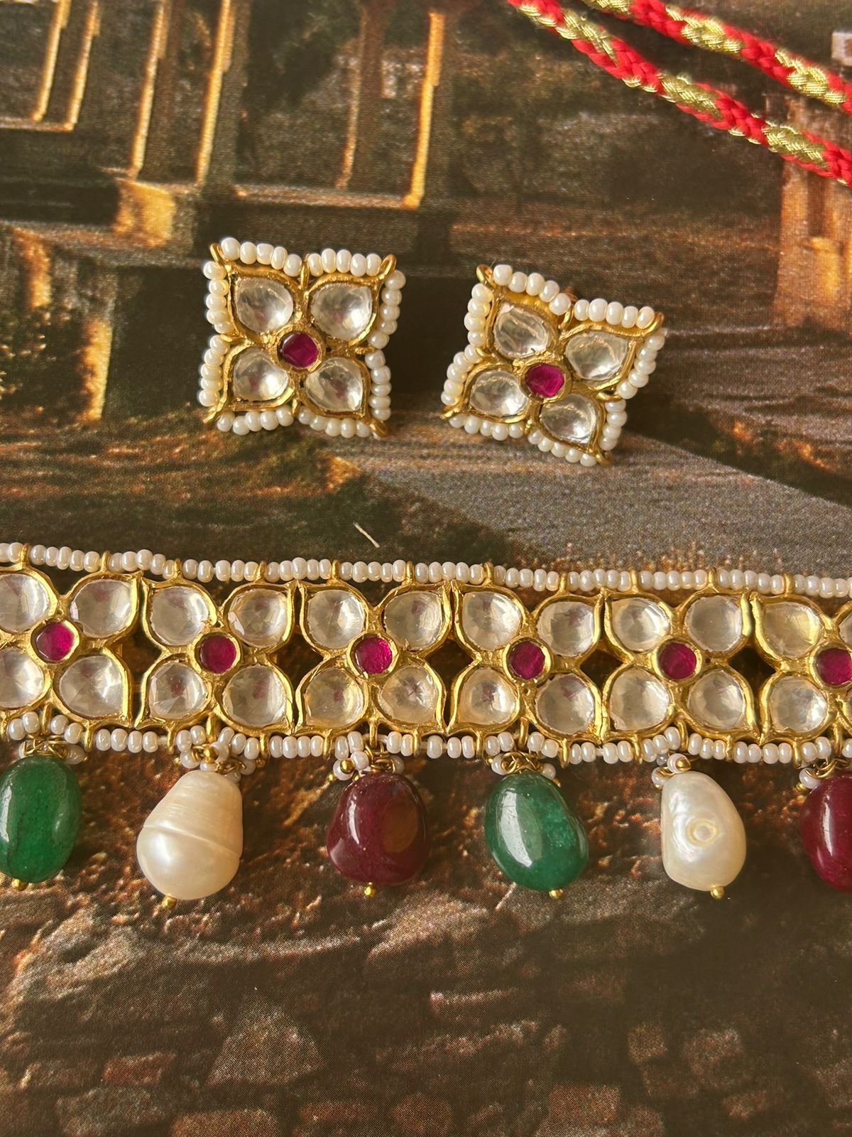 Phool choker and earrings, Handcrafted silver with billor Polki, Red quartz with green quarts and pearls.