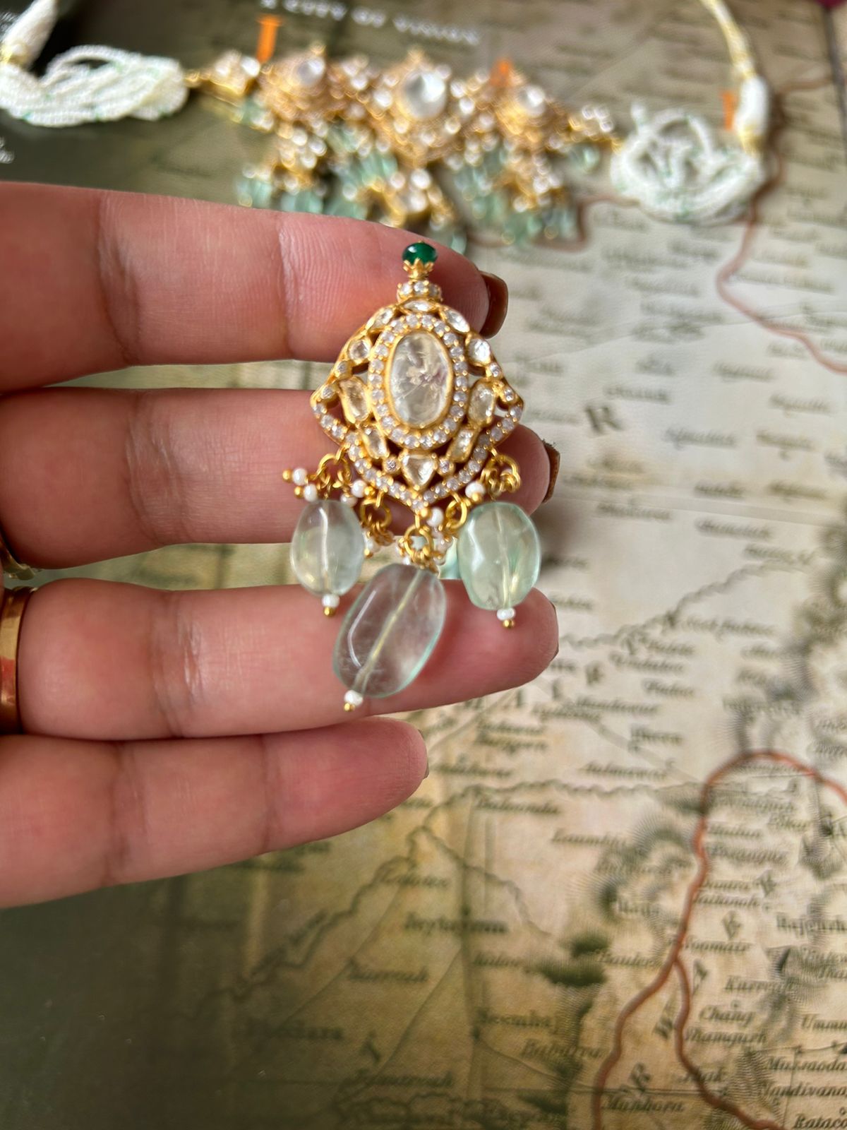 Sterling silver Mughal choker with earrings, moissanite polki and floride stones