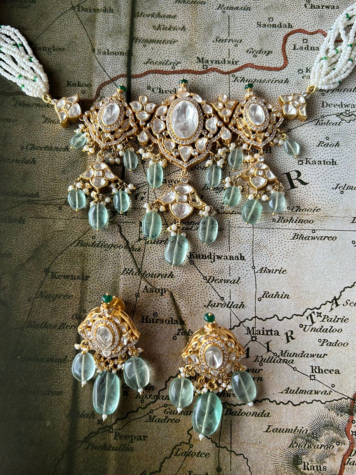 Sterling silver Mughal choker with earrings, moissanite polki and floride stones