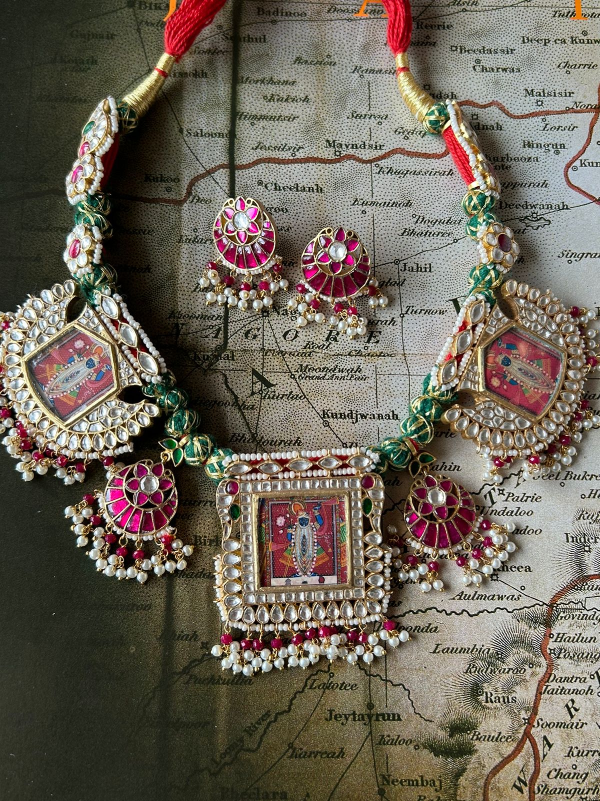 God necklace with earrings in 92.5 Sterling Silver necklace with miniature Billor-Polki and Pearls.