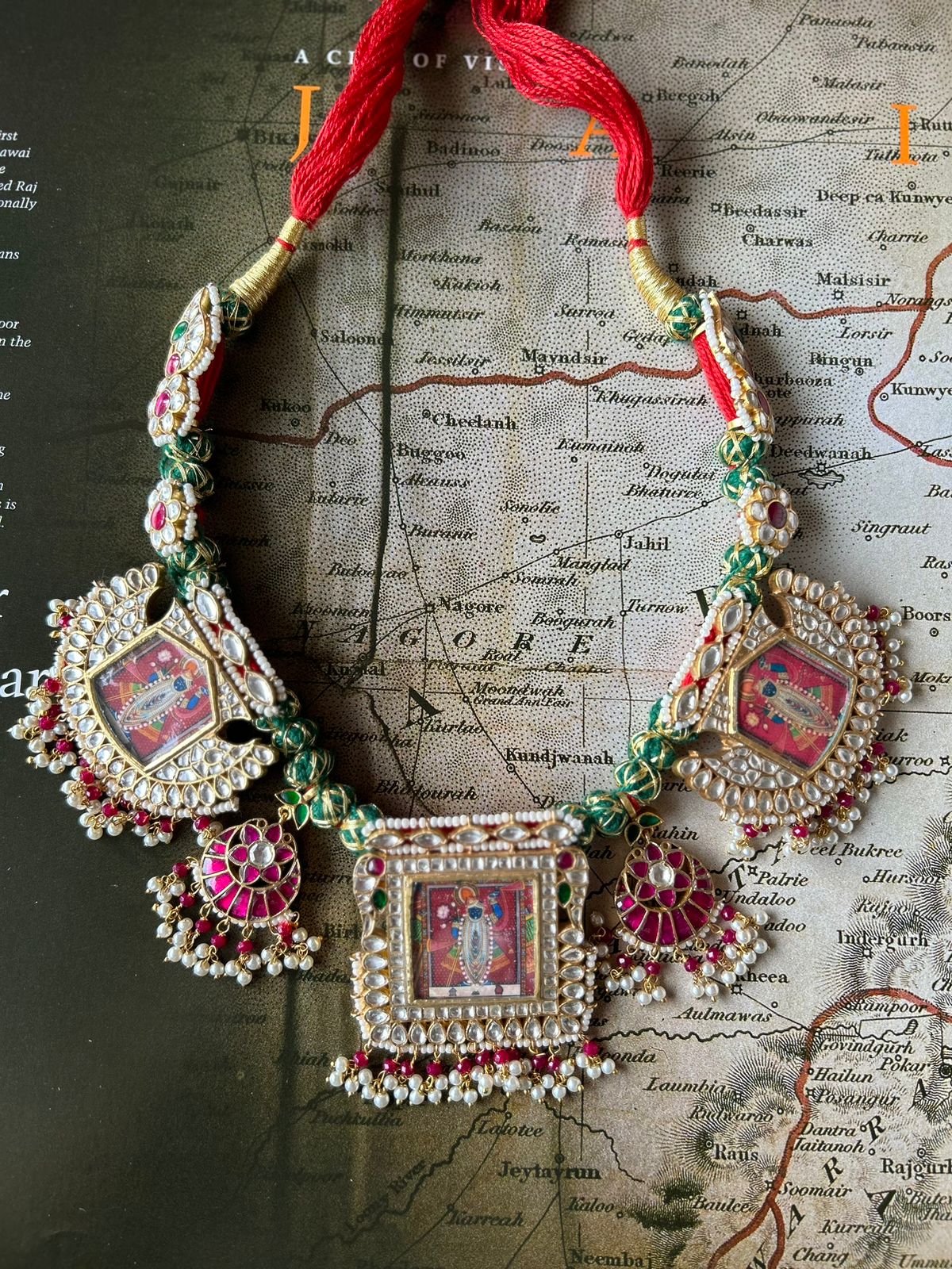 God necklace with earrings in 92.5 Sterling Silver necklace with miniature Billor-Polki and Pearls.