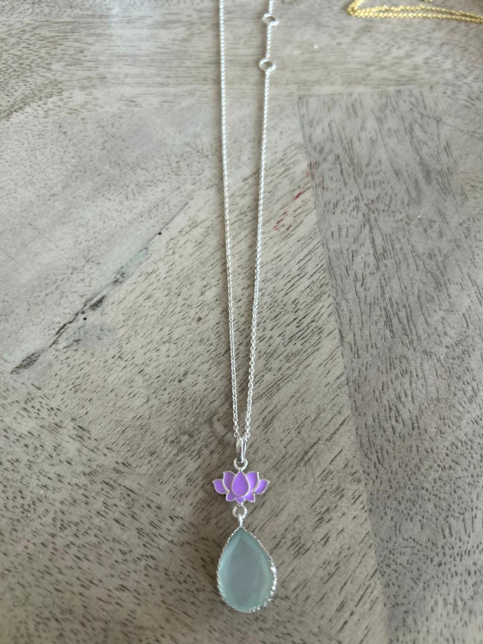 18 inches, Sterling silver, Lotus pendant, Aqua chalcydony stone with lilac enamel.