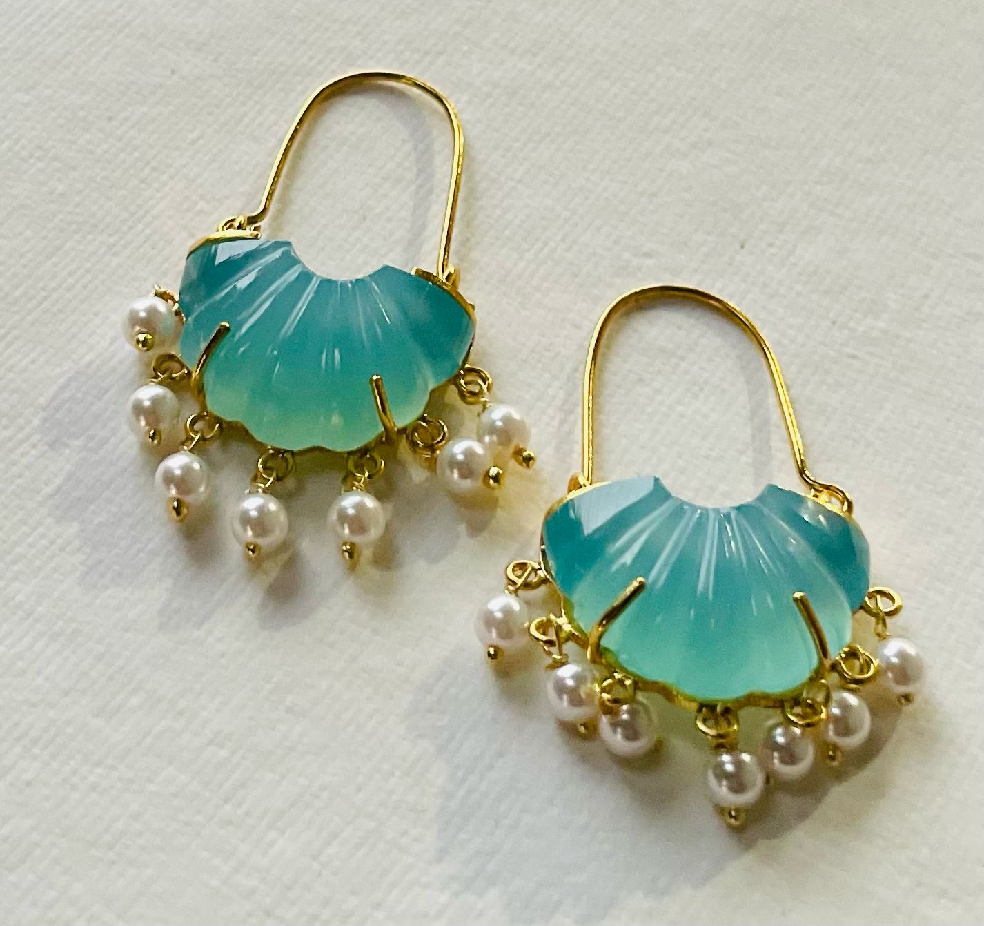 Aquacalcydony carved stone hoops, sterling silver with 1 micron gold plating and pearls.