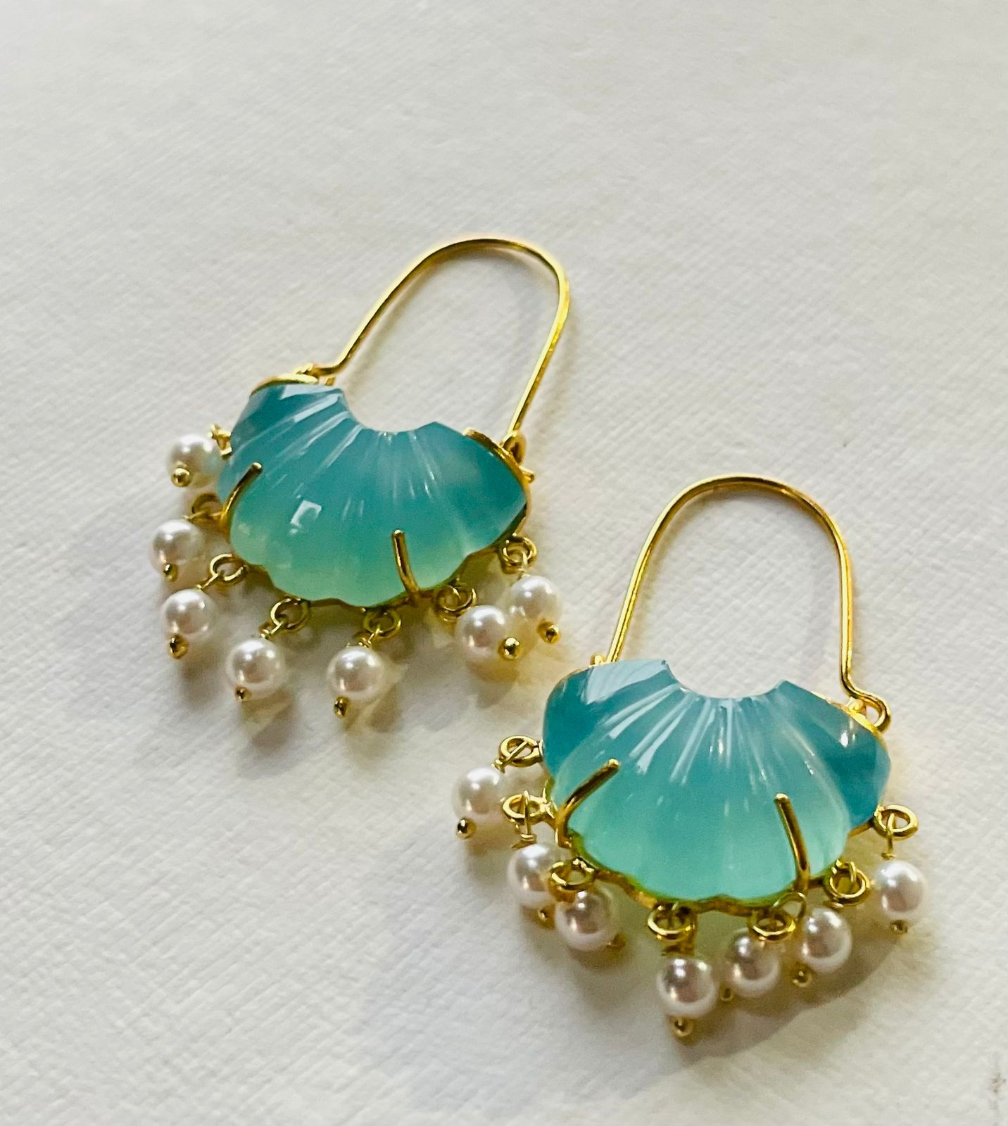 Aquacalcydony carved stone hoops, sterling silver with 1 micron gold plating and pearls.