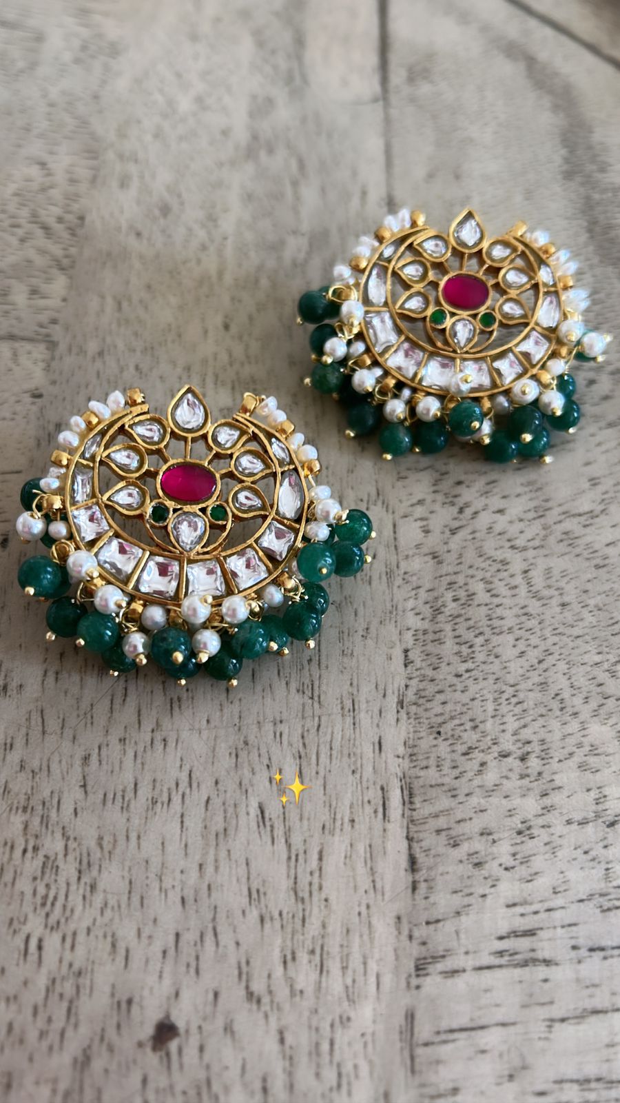 Polki phool chand hoops with pearls and green aventurine
Sterling silver with 1 micron plating