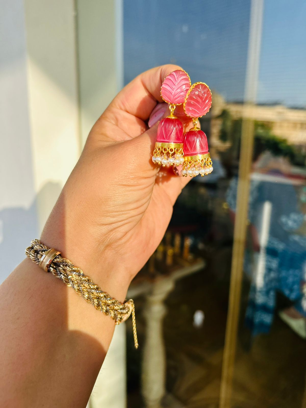 Sterling silver stone jhumka, Pink chalcydony with pearls.