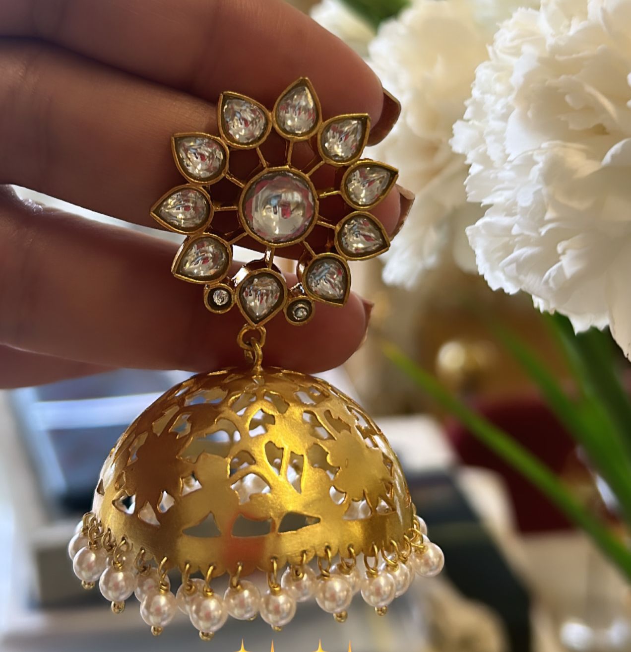 Billor Polki set in sterling silver, 1 Micron gold plated Tara Jhumka